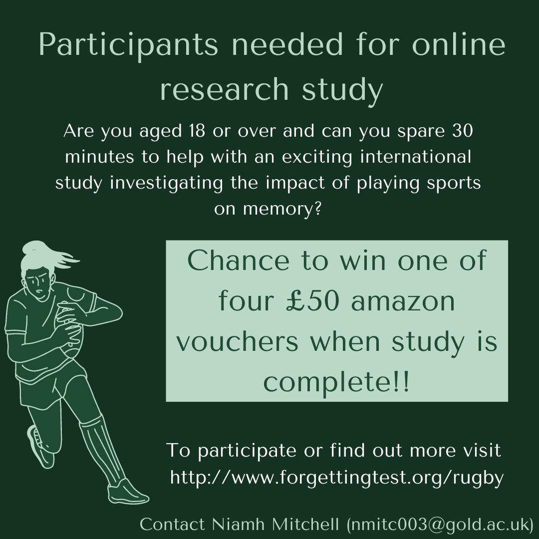 📣Urgently seeking womens rugby players for an online study📣
My focus is on Womens players is because of the gender data gap in sports concussion research, especially within Rugby!
Please share with your teammates! 
forgettingtest.org/rugby
#womensrugby #rugbyunion