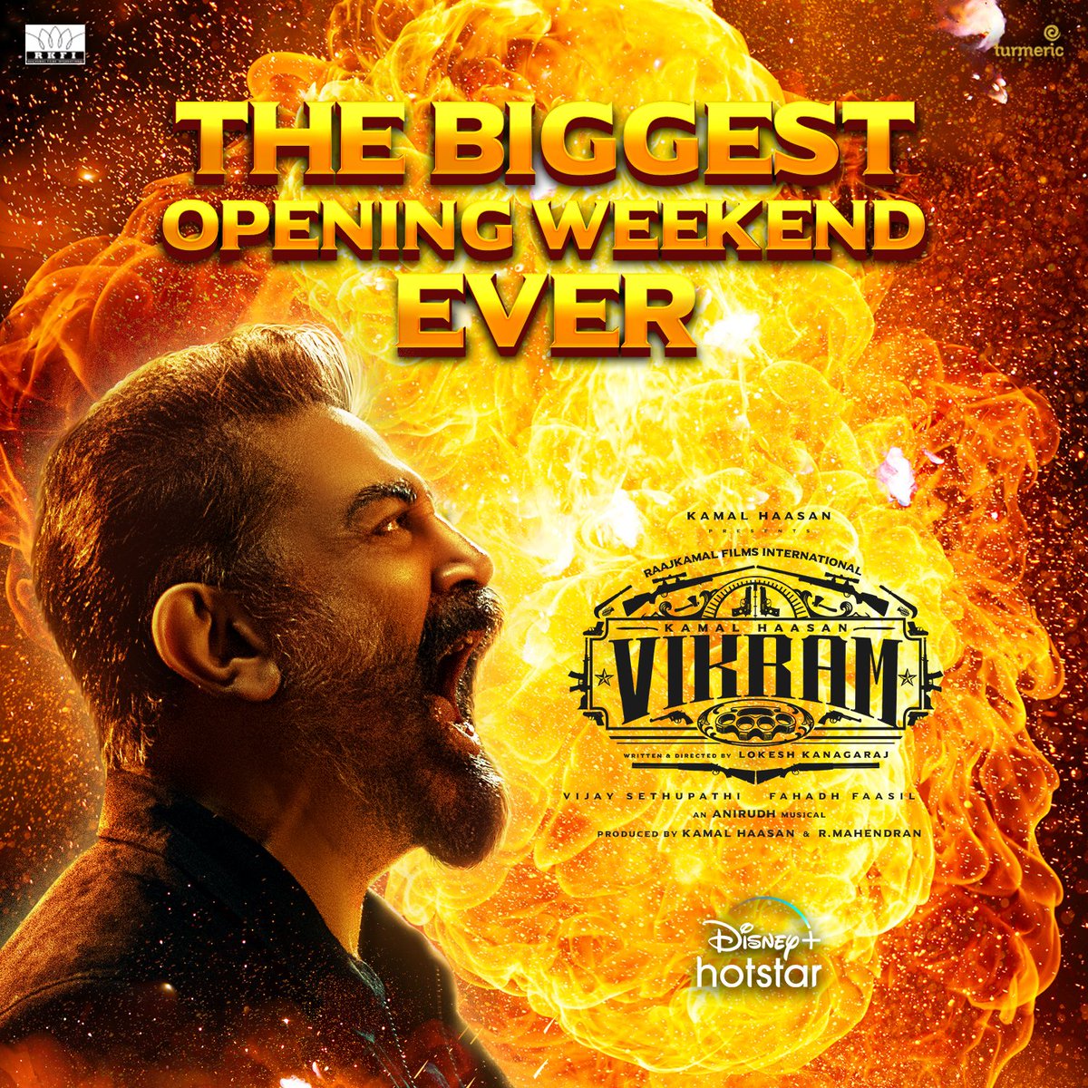RKFI's tweet photo. #Vikram - The highest ever opening weekend viewership, subscription and watch time on Disney+ Hotstar 😎🔥

@ikamalhaasan 
@Dir_Lokesh @VijaySethuOffl #FahadhFaasil @anirudhofficial #Mahendran @turmericmediaTM 
 @DisneyPlusHS @disneyplusHSTam @DisneyPlusHSTel @DisneyplusHSMal https://t.co/ncJAVlc2Nm