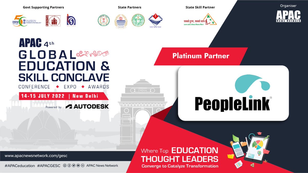 Apacnewsnetwork's tweet photo. We are glad to welcome @PeopleLinkIndia as a 'Platinum Partner' at the APAC '4th Global Education &amp; Skill Conclave' on 14 &amp; 15 July 2022, New Delhi.

For more info, visit: https://t.co/7nqSH8xwVN

#APACinnovations #APACEducation #APACGESC https://t.co/xRFEQZqfrM