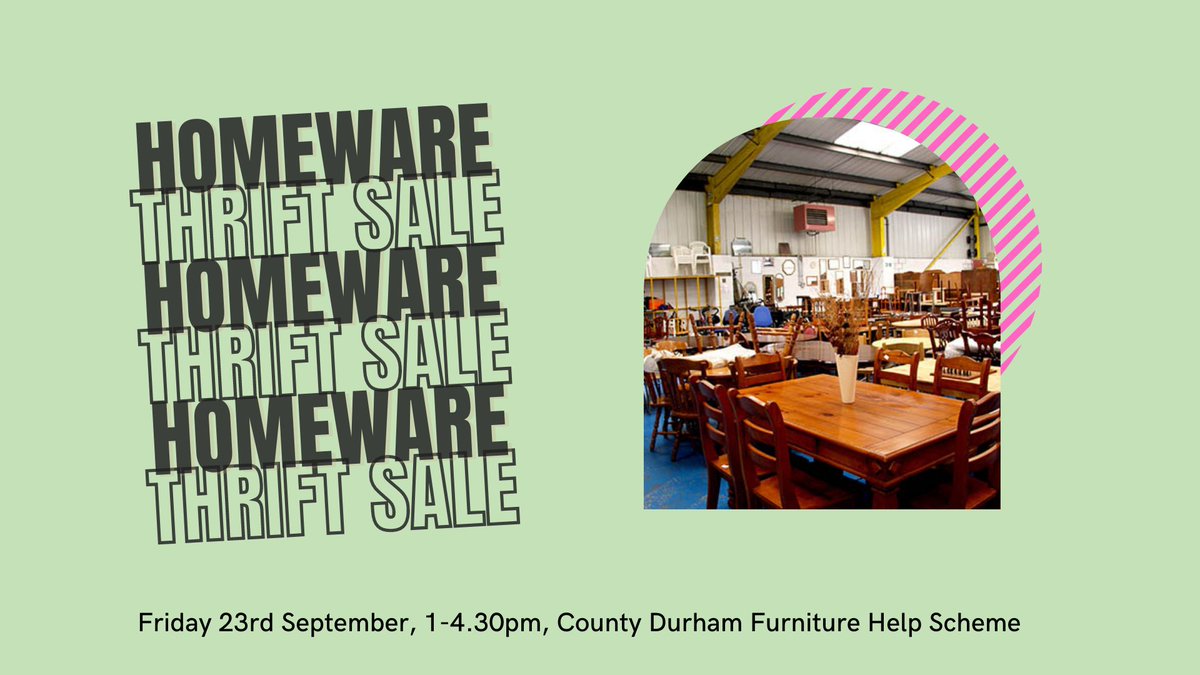 Homeware thrift sale!
A £1.50 ticket will buy your bus travel and entry to the County Durham Furniture Help Scheme warehouse. Here you can browse and purchase a range of homeware and furnishings!

ALL proceeds will be donated to County Durham Furniture Help Scheme!