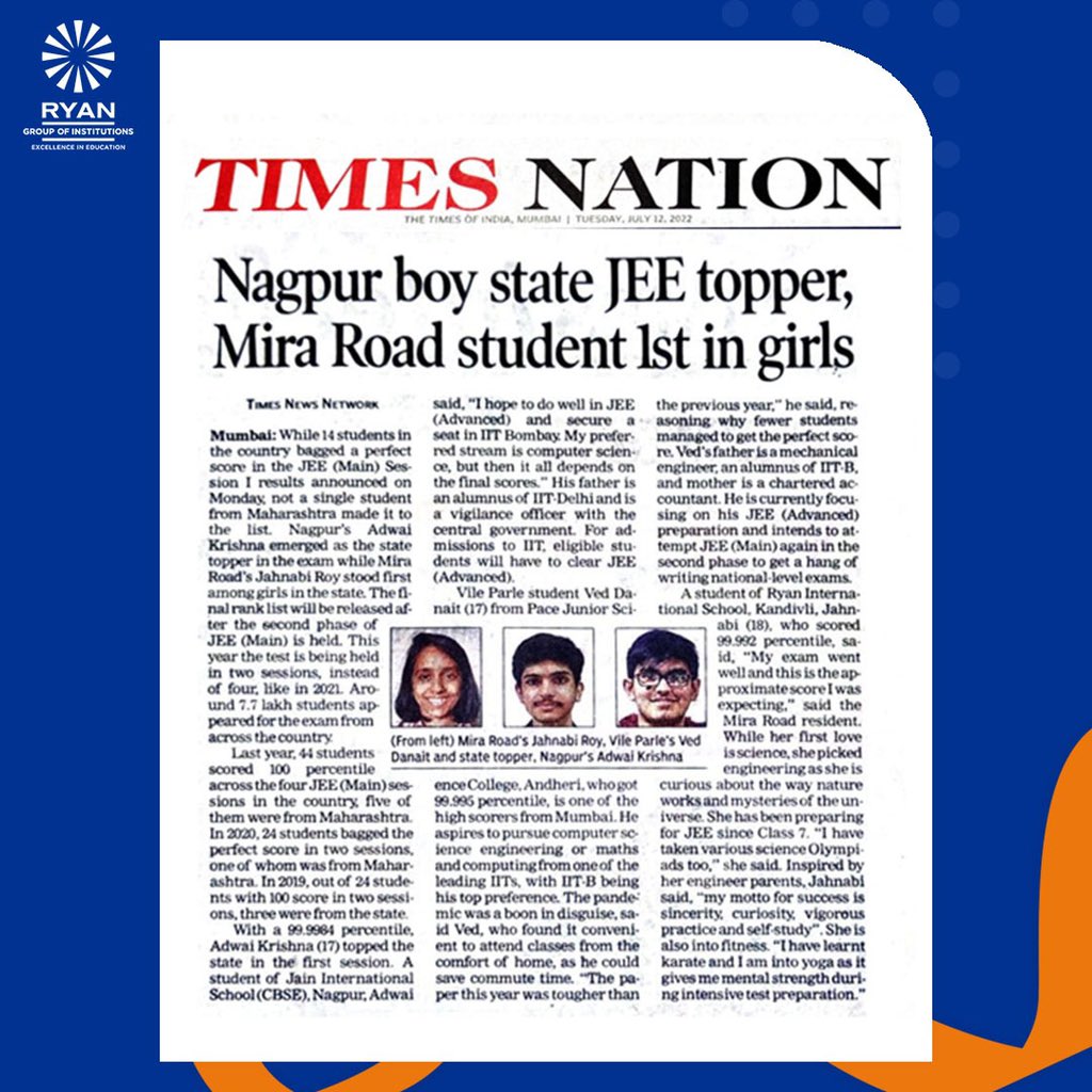 RyanIntlGrp's tweet photo. #JEE Main #results are out! #Ryanite Jahnabi Roy from #RyanInternationalSchool, Kandivali (Mumbai) stood first among girls in Maharashtra with a near-perfect 99.992 percentile. 
We congratulate her and we wish her success in all her upcoming challenges. https://t.co/pCC7mLHh2p