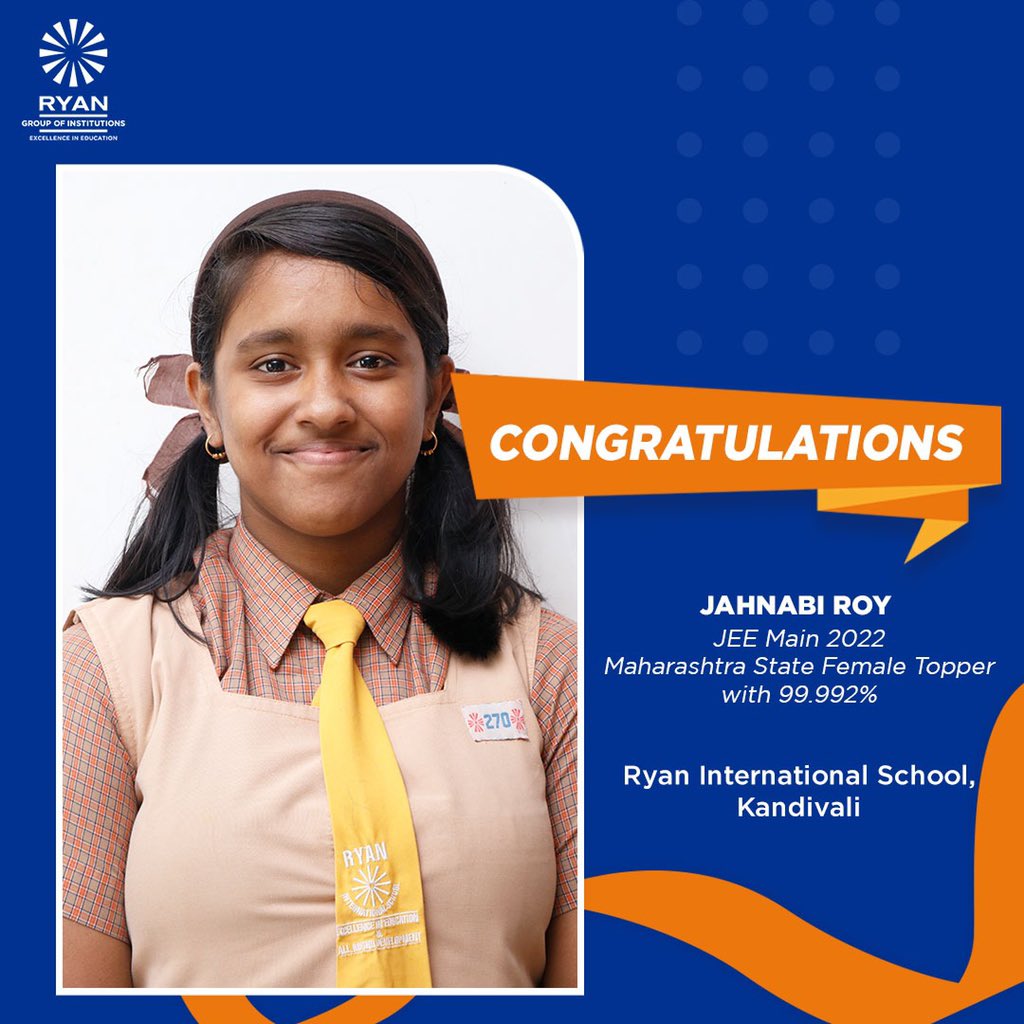 RyanIntlGrp's tweet photo. #JEE Main #results are out! #Ryanite Jahnabi Roy from #RyanInternationalSchool, Kandivali (Mumbai) stood first among girls in Maharashtra with a near-perfect 99.992 percentile. 
We congratulate her and we wish her success in all her upcoming challenges. https://t.co/pCC7mLHh2p