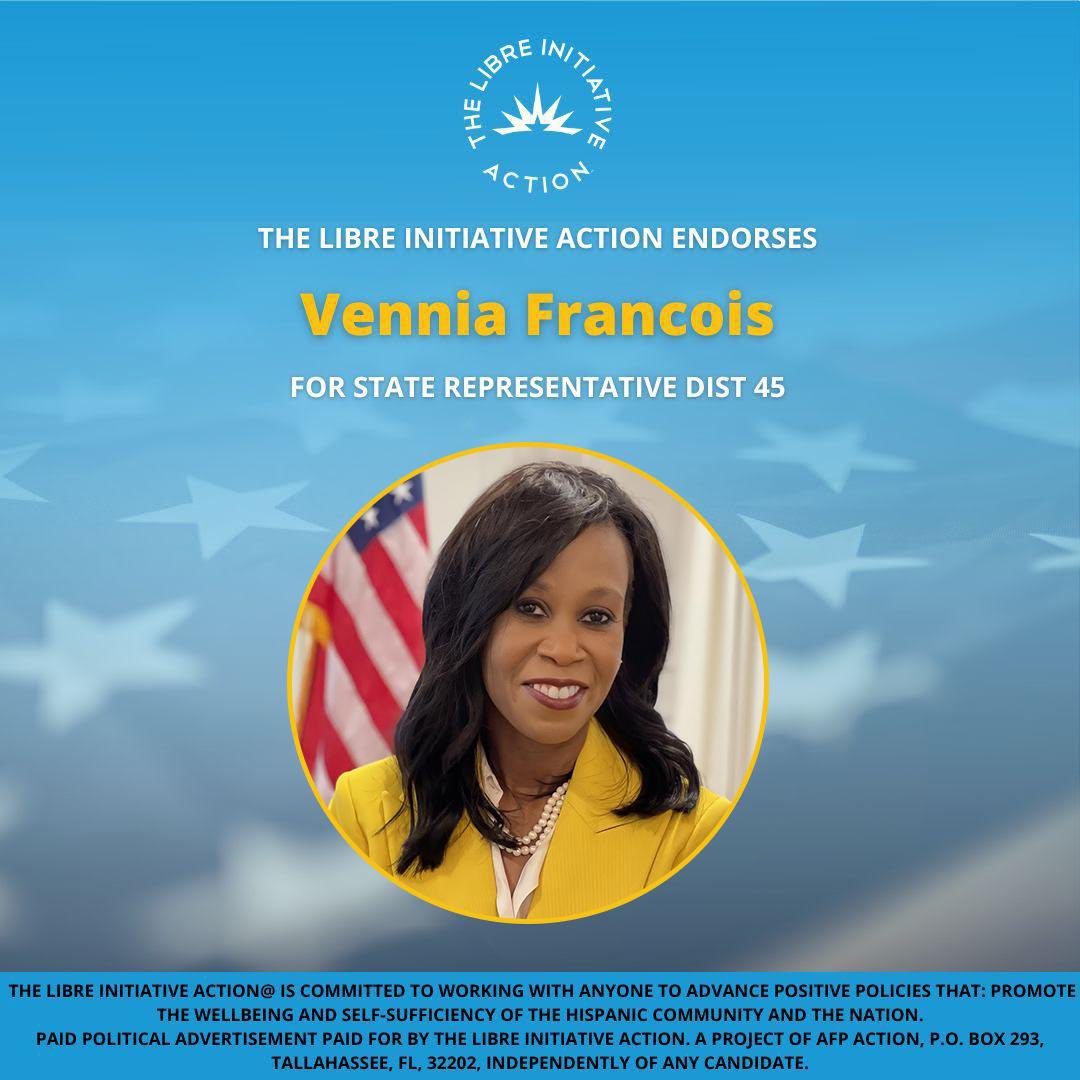 JuanMMartinezFL's tweet photo. Would like to announce that LIBRE Action has Endorsed Vennia Francois for State Representative Dist 45!!! #LIBREinAction #libreactionfl https://t.co/xDBuGYblAV