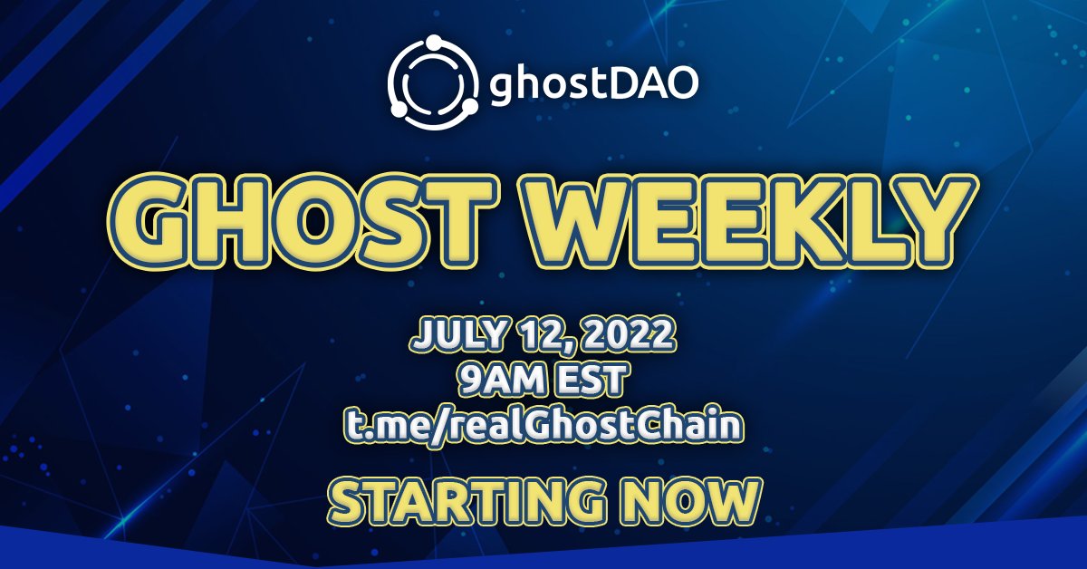 realGhostChain's tweet photo. #GHOSTWEEKLY👻starts in 15 minutes at 9AM EST today (Tue, Jul 12)

AGENDA:
 - ghostDAO lightpaper overview (Part 1)

Join GHOST WEEKLY here: https://t.co/gnfvDdS3L7

#ghostDAO #ghostDAOairdrop https://t.co/syQFJqdpku