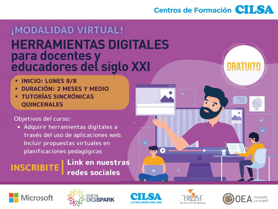 CabaCilsa's tweet photo. 📣 ¡Atención #docentes!
💯 Nueva edición del curso gratuito y virtual "Herramientas digitales para docentes y educadores"
💻Info e inscripción: https://t.co/14OKjO7siM
#centrosdeformaciónCILSA #cursosparadocentes #elearning #cursovirtual #cursogratuito #educadores #cursonacional https://t.co/JhoN1G5jQV