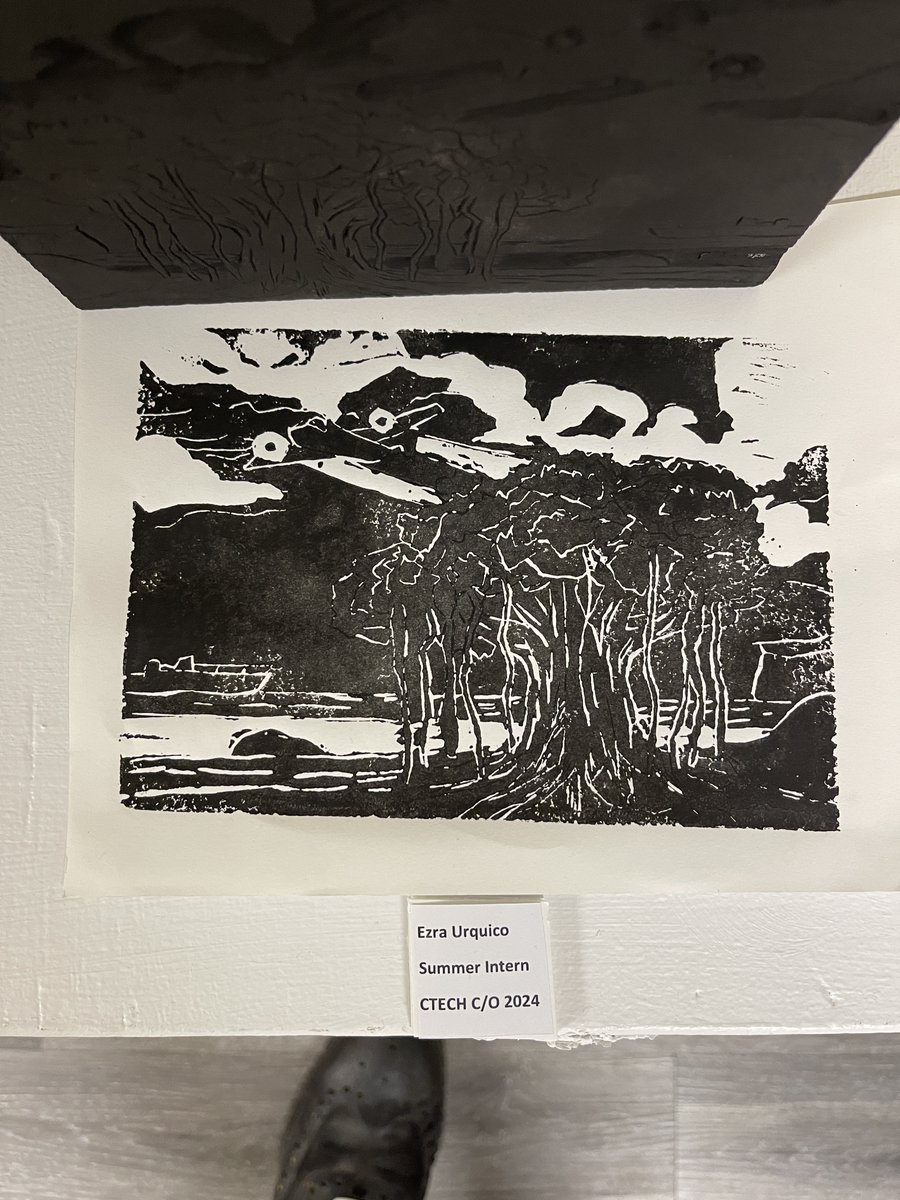 cjurquico's tweet photo. After many years of not exhibiting, I joined the Liberation Art Show at the Guam Council on Arts and Humanities (CAHA) Gallery. This exhibit was more special since my son Ezra, 16, carved a linoleum block following the theme, we showed our art together. #prouddad #art #guam https://t.co/USCmmfrJtW