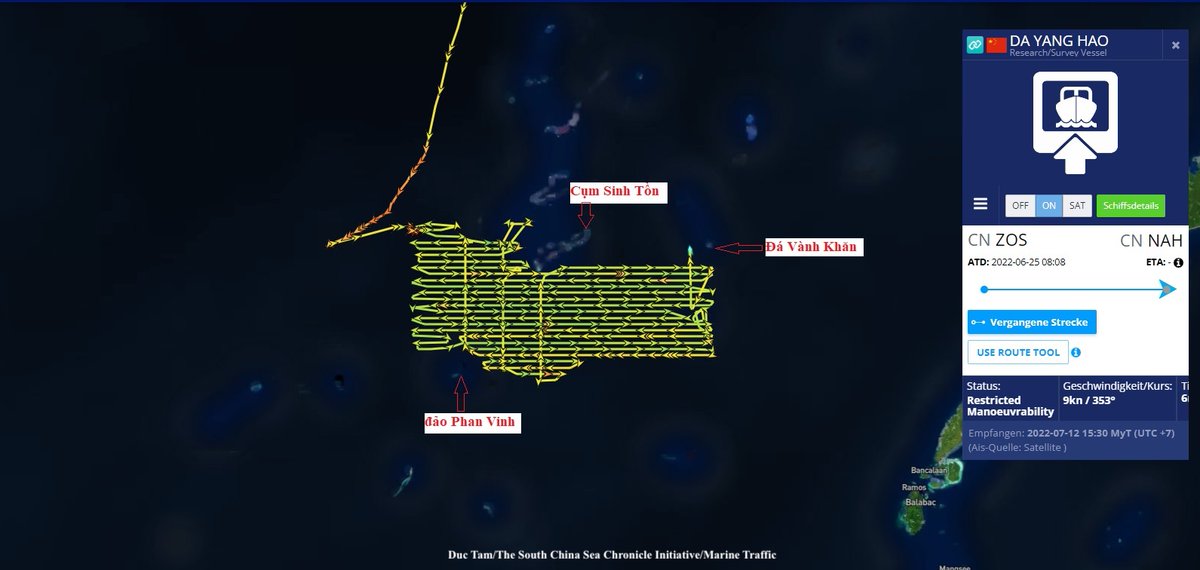 TheSCSCI's tweet photo. Meanwhile, #China's research/survey vessel Da Yang Hao has been operating on a vast area of roughly 20,000 km2 through the Spratly islands since June 30th. #SouthChinaSea https://t.co/WVxZCAe36b