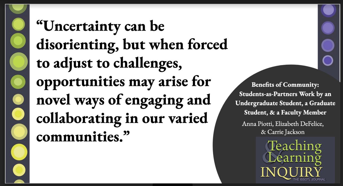In this latest article Anna Piotti, Elizabeth DeFelice and Carrie Jackson discuss personal and professional challenges of pedagogical partnerships, as well as new ways for faculty and students. journalhosting.ucalgary.ca/index.php/TLI/…