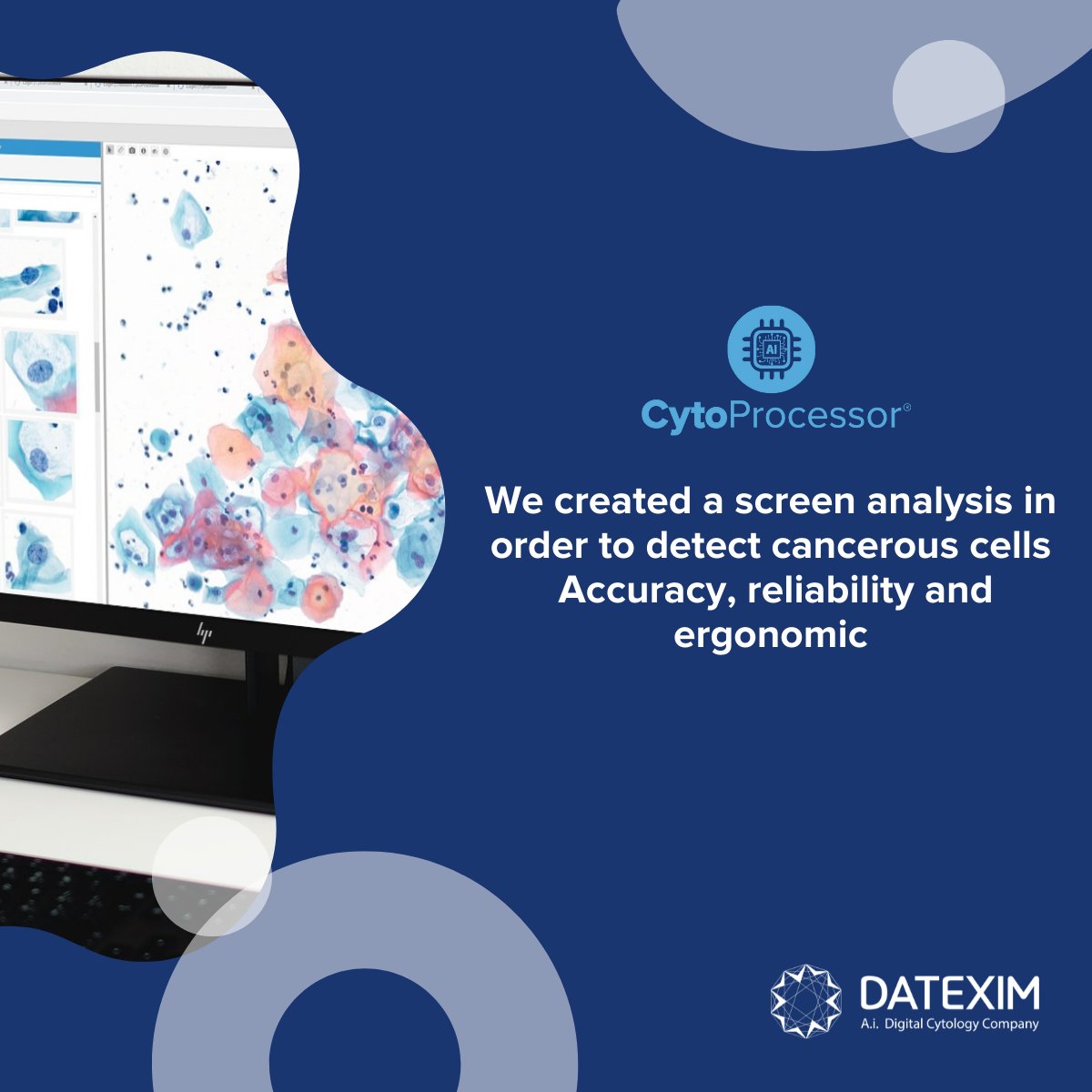 Cytoprocessor, the first CE marked AI-based image analysis for cervical cancer. 🖥
We believe in helping the healthcare community save women’s lives thanks to our accurate, reliable, and reproducible automated assistance.🧬

#datexim #ai #digitalcytology  #medtech #cervicalcancer