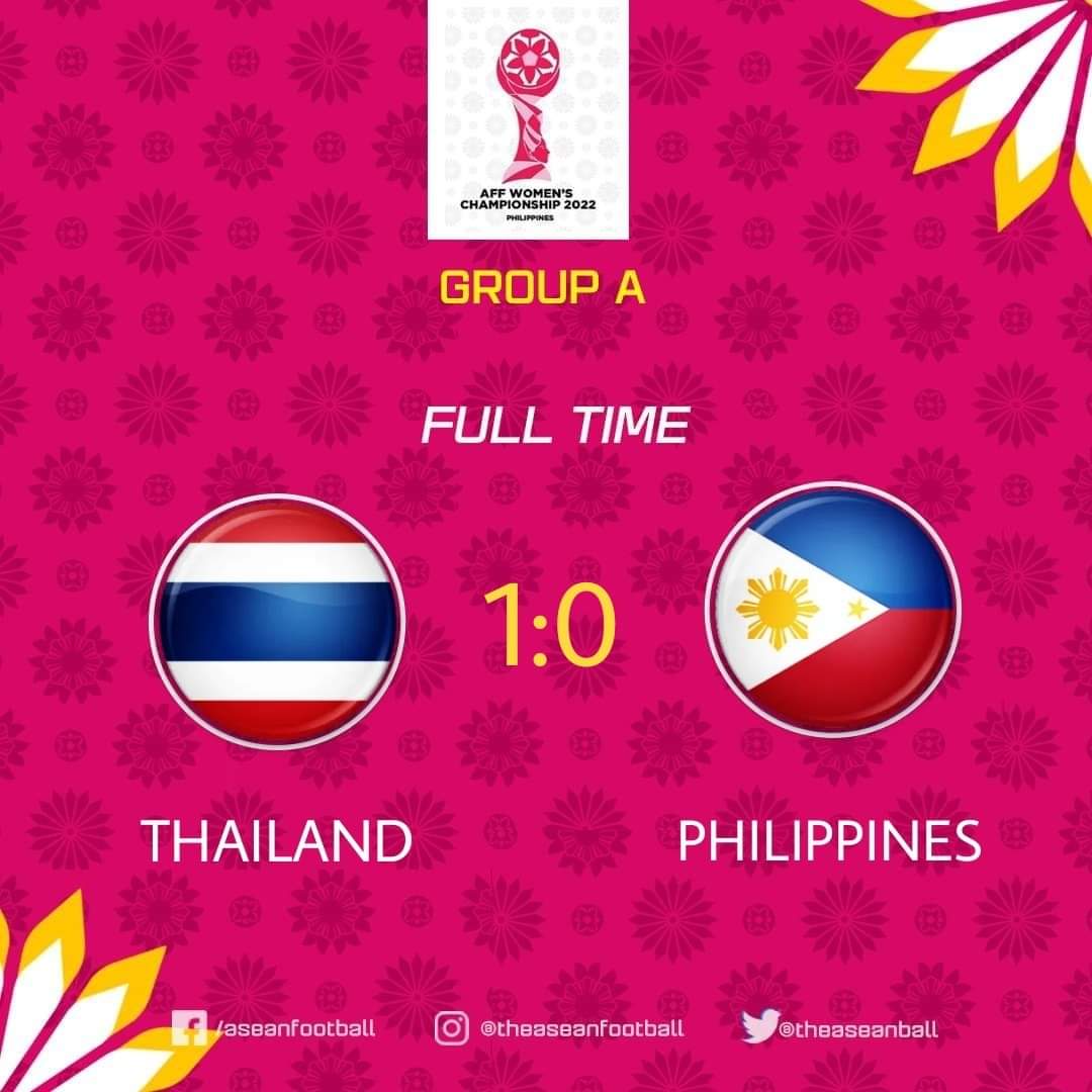 theaseanball's tweet photo. AFF WOMEN'S CHAMPIONSHIP 2022 | Group A
FT: Thailand ๐น๐ญ 1-0 ๐ต๐ญ Philippines
#AFF #AFFW https://t.co/vmsEK0DNAd