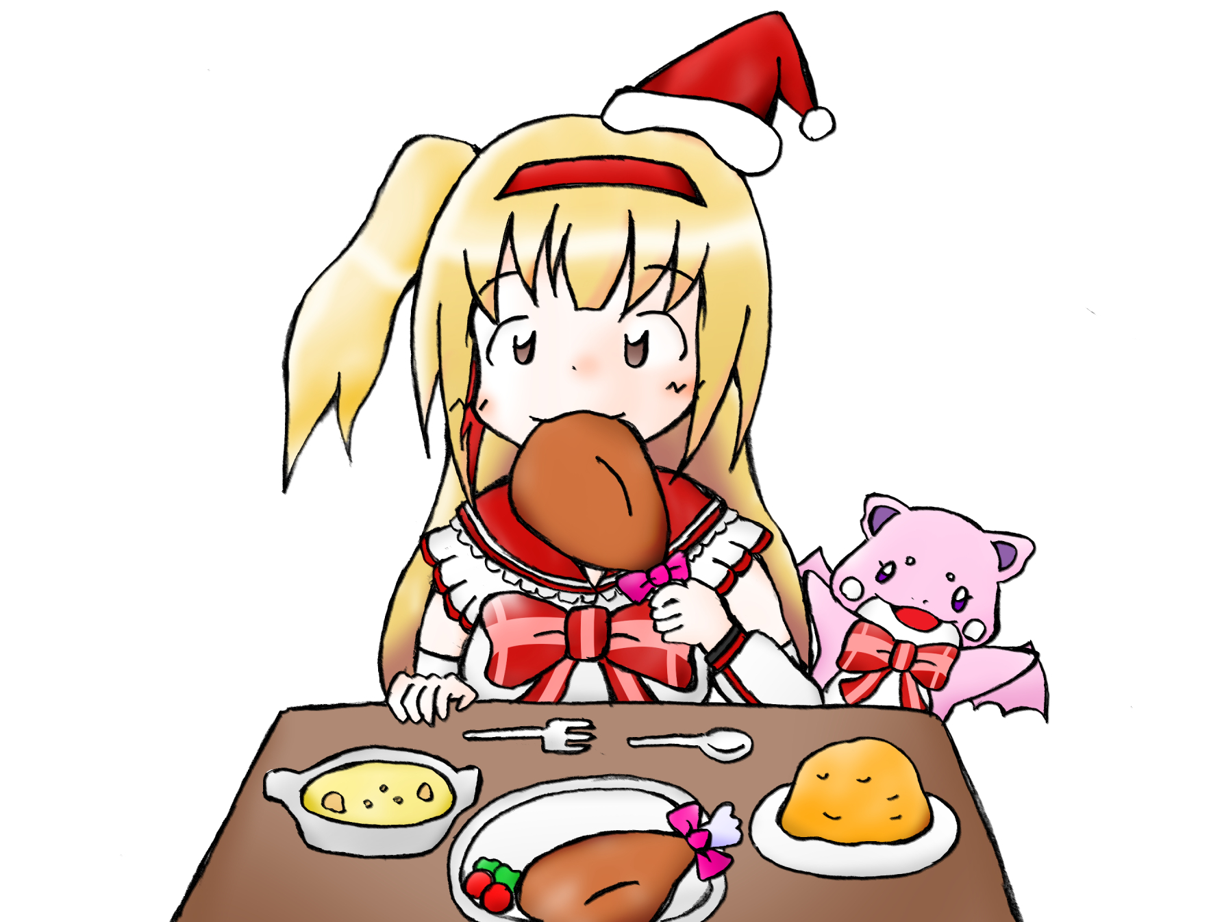 تويتر きっくー على تويتر 27枚目 クリスマスのごちそうを食べてる梨香ちゃん このイラストから塗り方を変えてます 描いた順番的には 大みそかに投稿した除夜の鐘をつく梨香ちゃんの方が先ですが あえて塗りむらを残したりとか いろいろ遊び心を加える
