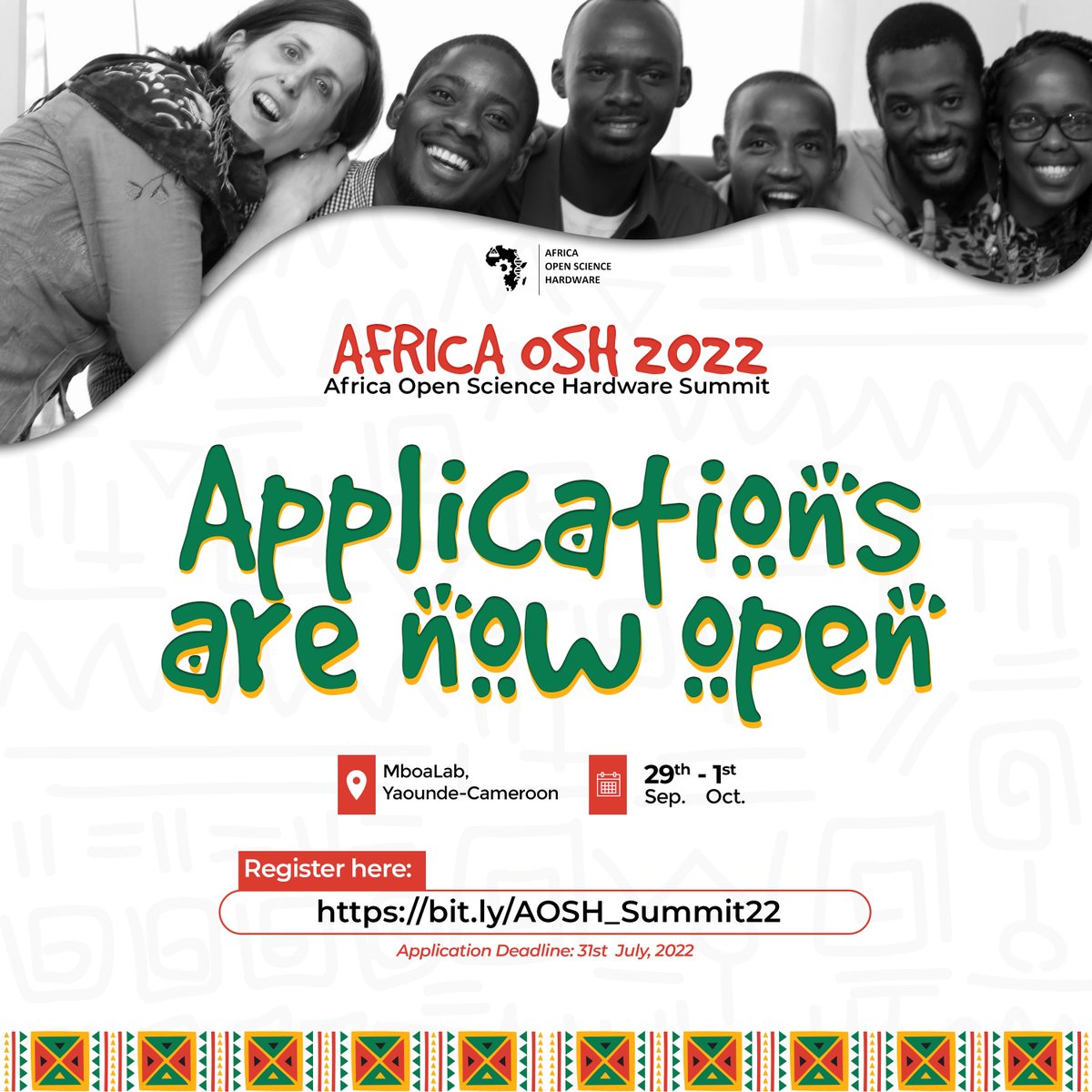 KumasiHive's tweet photo. This year's Open Science Hardware Summit applications are now open to everyone.
.
Les candidatures pour le sommet de cette année sont maintenant ouvertes à tous. Nous espérons vous voir au Cameroun.
.
https://t.co/6IuhrU1bmm
.
#AOSH #OpenScience #AfricaOSH #Summit22 #Science https://t.co/7f67JnH7kv