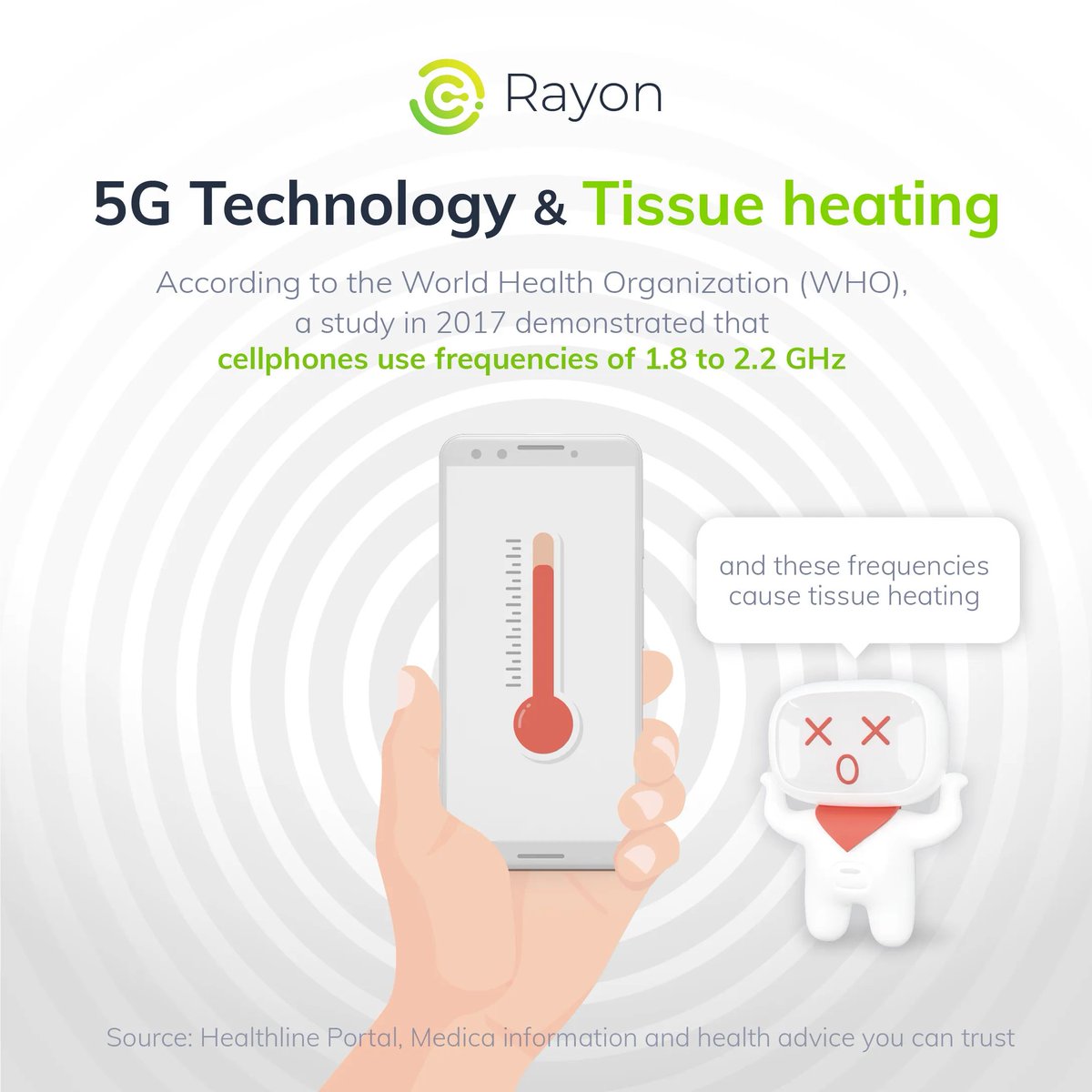 therayonapp's tweet photo. When our skin absorbs electromagnetic energy, tissue heating occurs. The risk is that this causes a slight rise in our brain and body temperature. More studies are required to determine if 5G affects human tissues. Source: https://t.co/uKZR6oz3Aw https://t.co/vlQgLLaC7z