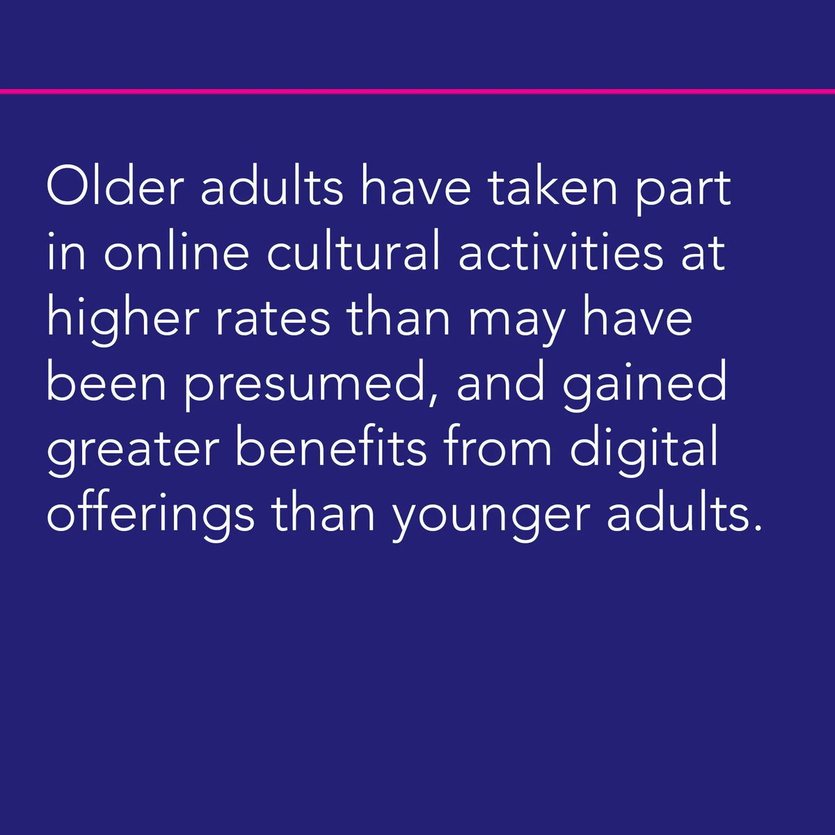 CultureTrack's tweet image. Digital arts programming can be a powerful tool for increasing access!

Read more about digital impact in Untapped Opportunity, link in bio. 

#CultureTrack #CCTTstudy @LaPlacaCohen @EAMPhil @SloverLinett #CreativeAging #VitalityArts