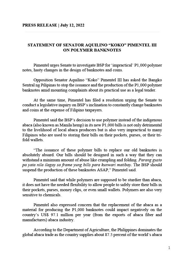 senkokopimentel's tweet photo. PRESS RELEASE | July 12, 2022
Statement of Senator Koko Pimentel on Polymer Banknotes https://t.co/f9HVdABu9D