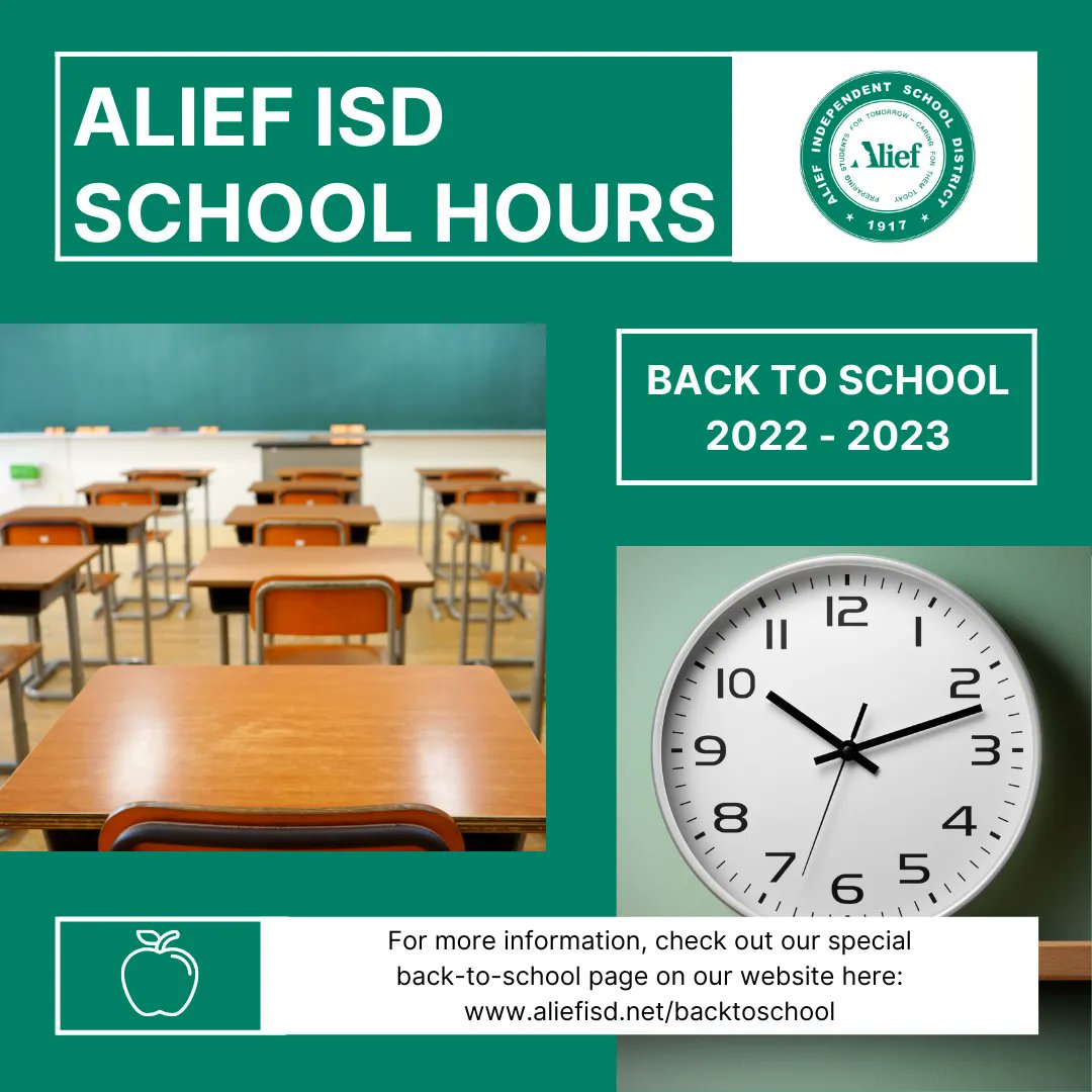 Alief ISD's first day of school for the 22-23 school year is Monday, August 8, 2022. Please make note of the school hours for this year by clicking here: aliefisd.net/hours ICYMI: Check out our special back-to-school page on our website here: aliefisd.net/backtoschool