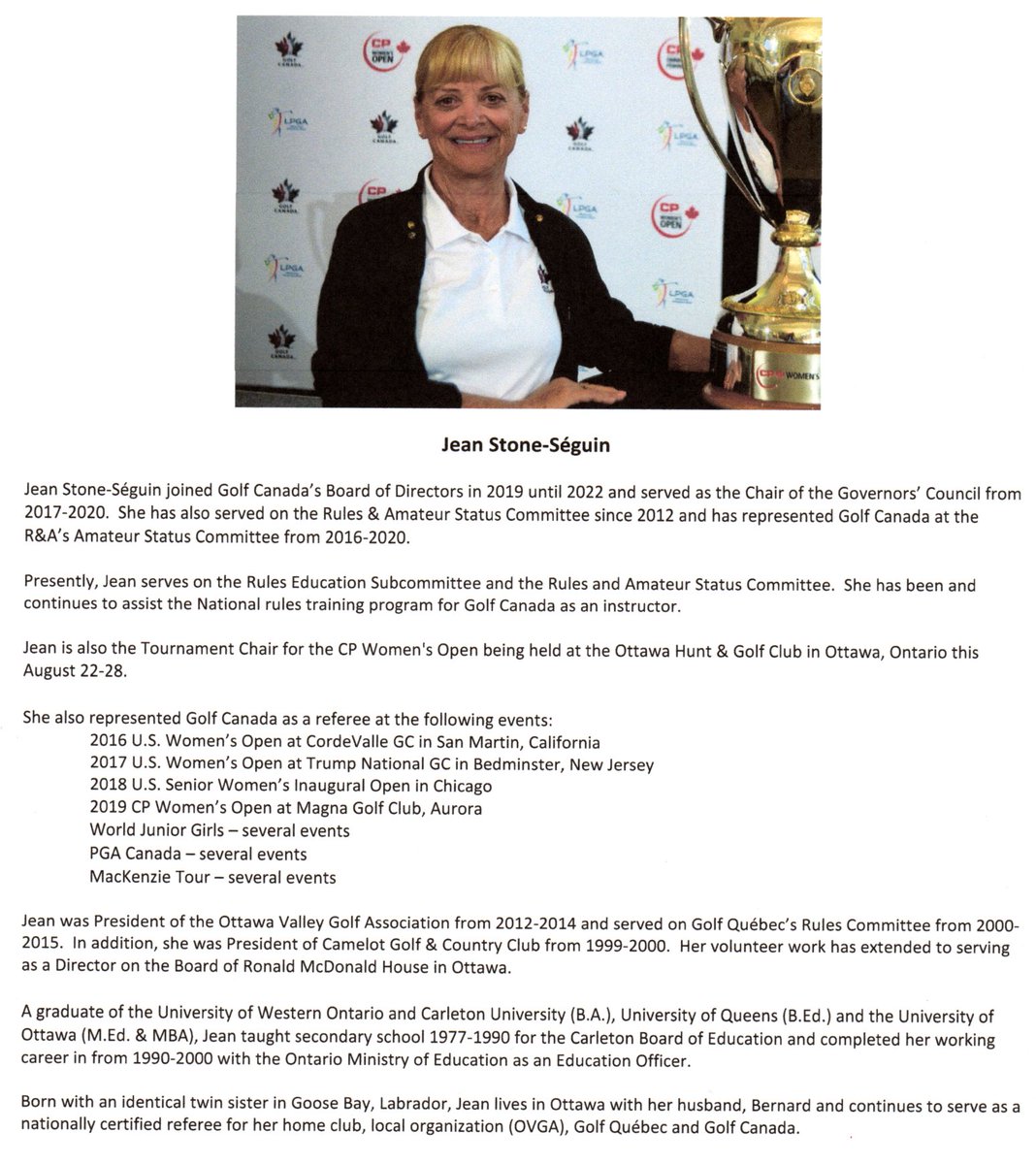 the_ovga's tweet photo. What hasn't Camelot Golf &amp; Country Club's Jean Stone-Séguin done in her golf career as a volunteer at the Club level, the Ottawa Valley Golf Association, Golf Quebec &amp; Golf Canada? https://t.co/yBcCpPYIuR