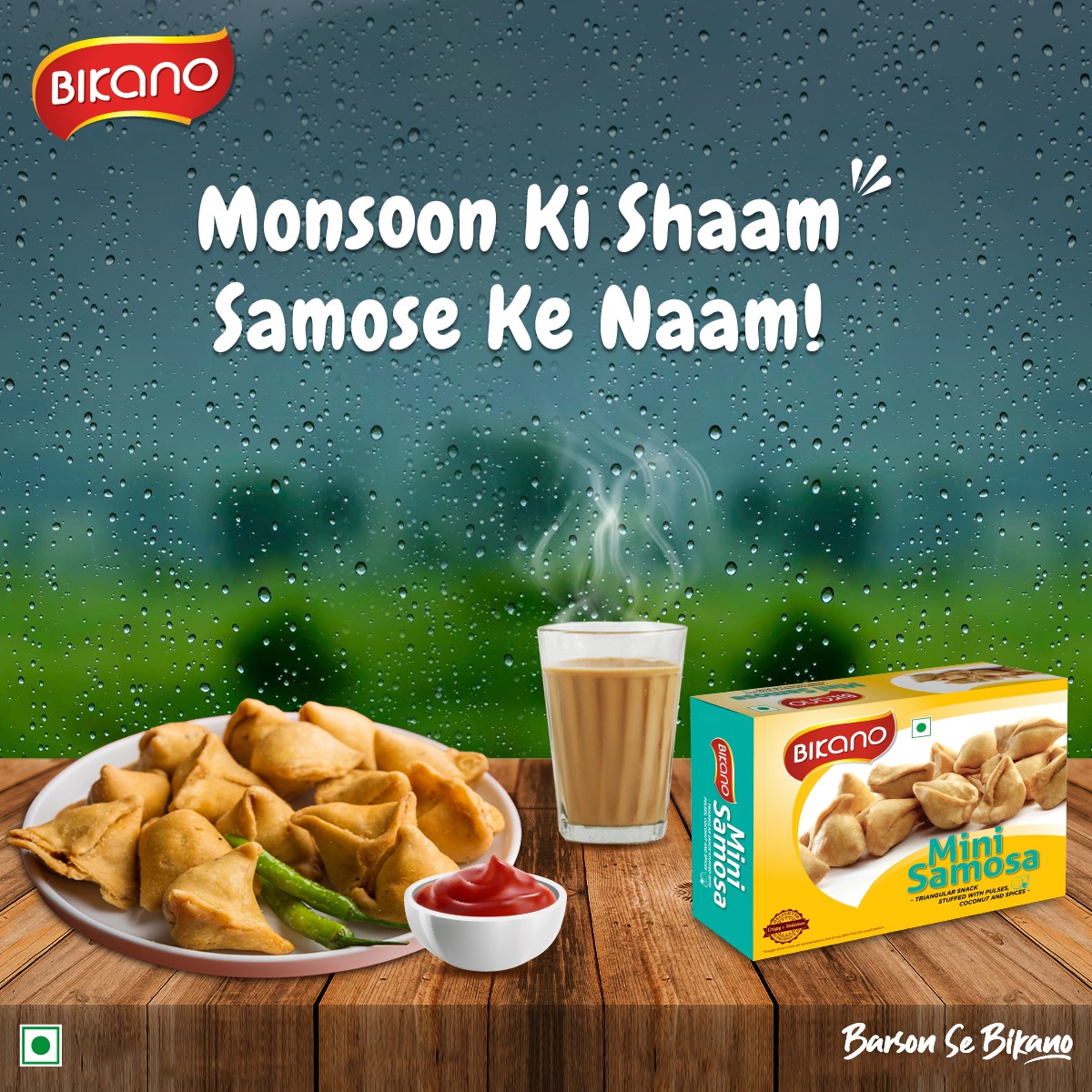 BikanoWorld's tweet photo. What’s a better way to enjoy the magic of monsoon other than sipping hot tea and munching crunchy and flavourful Bikano Mini Samosa.
#Bikano #BarsonSeBikano #bikanoworld #bikanoIndia #authenticfood #teabuddy #authentictaste #indianflavours #indianfood #munchingtime #munchysnacks https://t.co/jW9n6fugQu