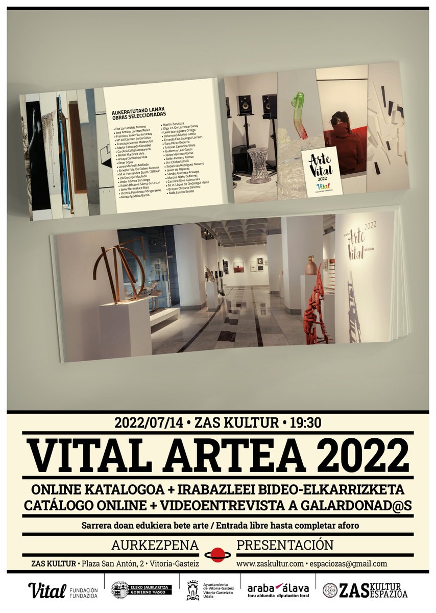 🔺 Este jueves 14 de julio a las 19:30 horas en el espacio cultural Zas Kultur (Plaza de San Antón nº 2) se presenta el catálogo virtual que recoge los trabajos seleccionados en la exposición del certamen -organizado bajo el paraguas de la Fundación Vital Fundazioa- "Arte Vital".
