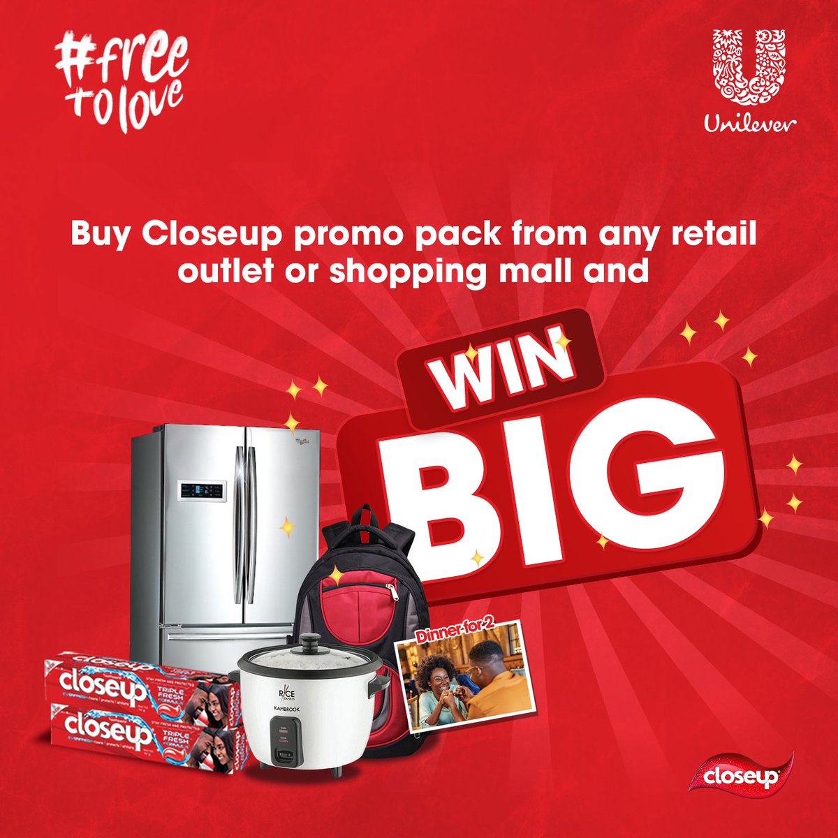 CloseupGhana's tweet photo. Sponsored dinner for 2! 🤩

This and other interesting prizes are to be won. 😉
Buy the Closeup promo pack and join the #FreeToLove promo now.

Consumer careline toll-free number: (0800200030)
Email: (Consumercare.ghana@unilever.com)
#Closeup https://t.co/LNu1I7wuUD