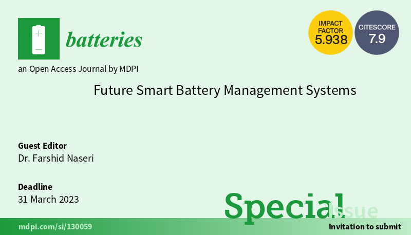 batteriesmdpi's tweet photo. #Batteries_MDPI #batteries #NewSpecialIssue #callforpapers
๐ New Special Issue "Future Smart Battery Management Systems" is open for submission! Contributions are welcome!
๐ More Details: https://t.co/LqZqFoi5JS
#batterymanagementsystems #batterymodelling #batteryalgorithm https://t.co/sLO8KTTrhw