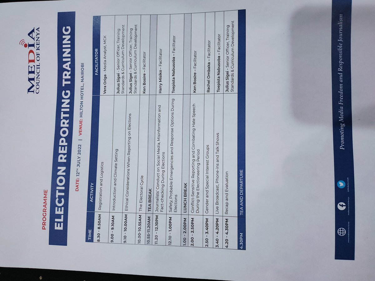 tnabusoba's tweet photo. #ElectionReportingTraining 'Don't make assumptions, ask basic questions' @KenBosire on journalistic ethics
#KenyaDecides2022 @KBCChannel1 @MediaCouncilK @KUJ_Kenya @AMWIK @IawrtK @Silas_Kiragu https://t.co/WLFTEn7dfC