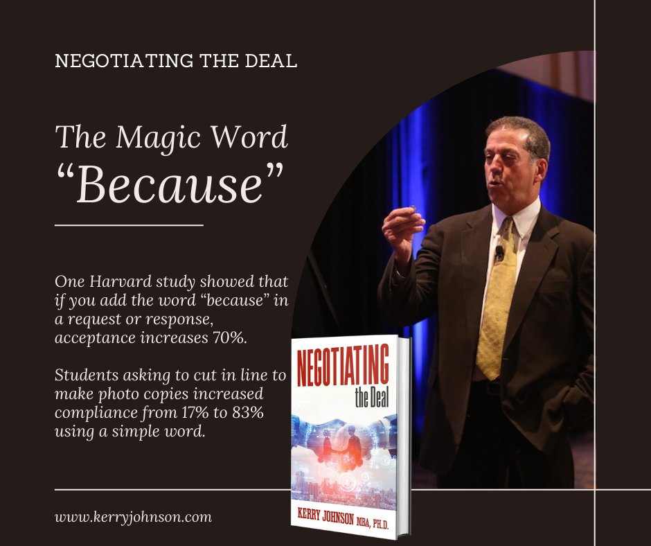 DrKerryJohnson's tweet photo. Negotiating the Deal
The Magic Word “Because”
One Harvard study showed that if you add the word “because” in a request or ...
Kerry Johnson MBA, Ph.D.
https://t.co/vMDEIoTd7U
@GDMedia3 Publisher
#kerryjohson #negotiatingthedeal #bestsellerauthor #keynotespeaker #businesscoach https://t.co/4RUsjiKgdV