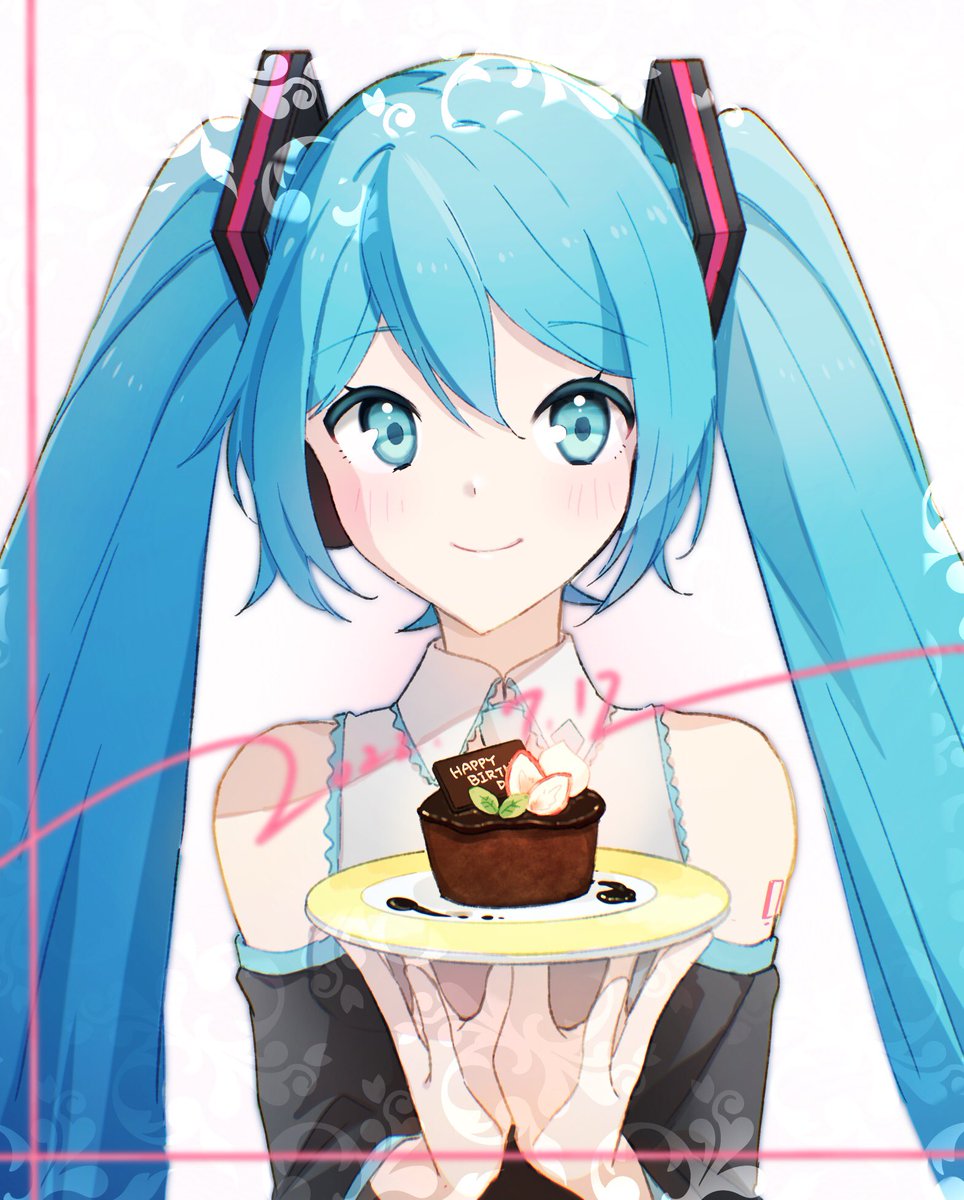 hatsune miku 1girl solo twintails long hair food smile cake  illustration images