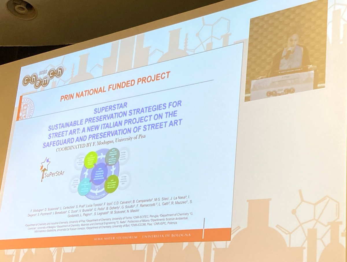 SuPerStArproje2's tweet photo. Professor @SilviaPrati2 presented some promising preliminary results about green cleaning systems for paint surfaces, developed in the framework of SUPERSTAR project at the CHEM-CH. 
https://t.co/qkTGa0GCID 
#StreetArt #Chemistry #preservation @Ciamician_unibo https://t.co/7c2FadyPT1