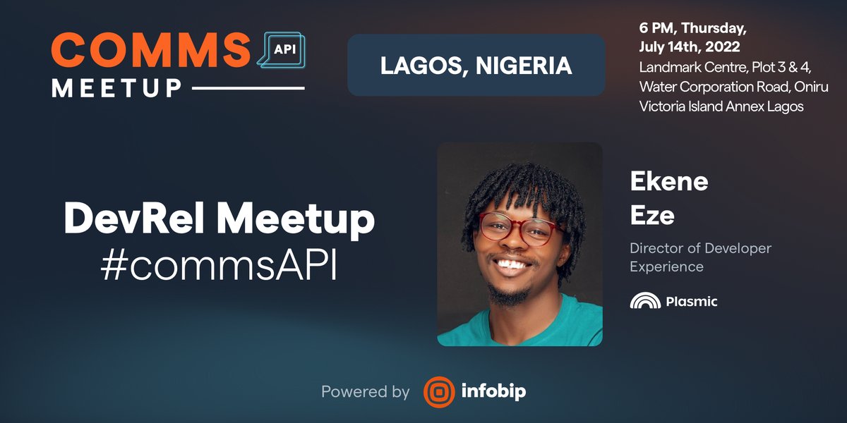 Infobip's tweet photo. Join us for the Comms API - Lagos Tech Meetup and learn more about #Infobip's  Developer Experience Department. #Plasmic's Ekene Eze, will share some of his vast dev experience.

Lets connect and exchange web development and tech experiences #WorldsConnected #AfricaConnected https://t.co/dl7fgvh99S