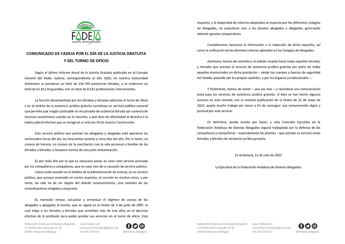 FADEJA_Abogacia's tweet photo. DÍA DE LA JUSTICIA GRATUITA Y DEL TURNO DE OFICIO

Cada 12 de julio se celebra el Día de la Justicia Gratuita y del Turno de Oficio, para defender y divulgar la labor realizada por más de 51.300 Abogados de Oficio, 24 horas al día, 365 días al año. https://t.co/djmbAfIljI