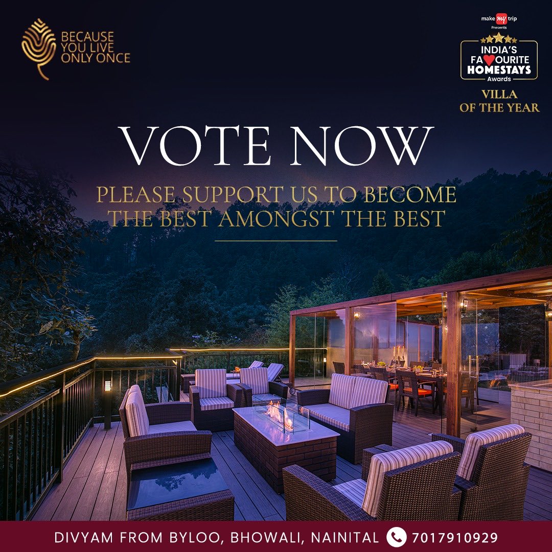 Truly the finest stays in a Villa, deserves to be No. 1 . #Nainital
Please vote for #Divyam from #Byloo 
.⁦<a href="/lambamandeep/">Mandeep S Lamba</a>⁩ .⁦<a href="/makemytrip/">MakeMyTrip</a>⁩
 .⁦@itsaditti⁩ .⁦⁦<a href="/reshii/">Marryam H Reshii</a>⁩
.⁦<a href="/CNTIndia/">Condé Nast Traveller</a>⁩ .⁦<a href="/UTDBofficial/">Uttarakhand Tourism</a>⁩ 
.⁦<a href="/tehseenp/">Tehseen Poonawalla Official 🇮🇳</a>⁩ 
homestaysawards.makemytrip.com/category/villa…