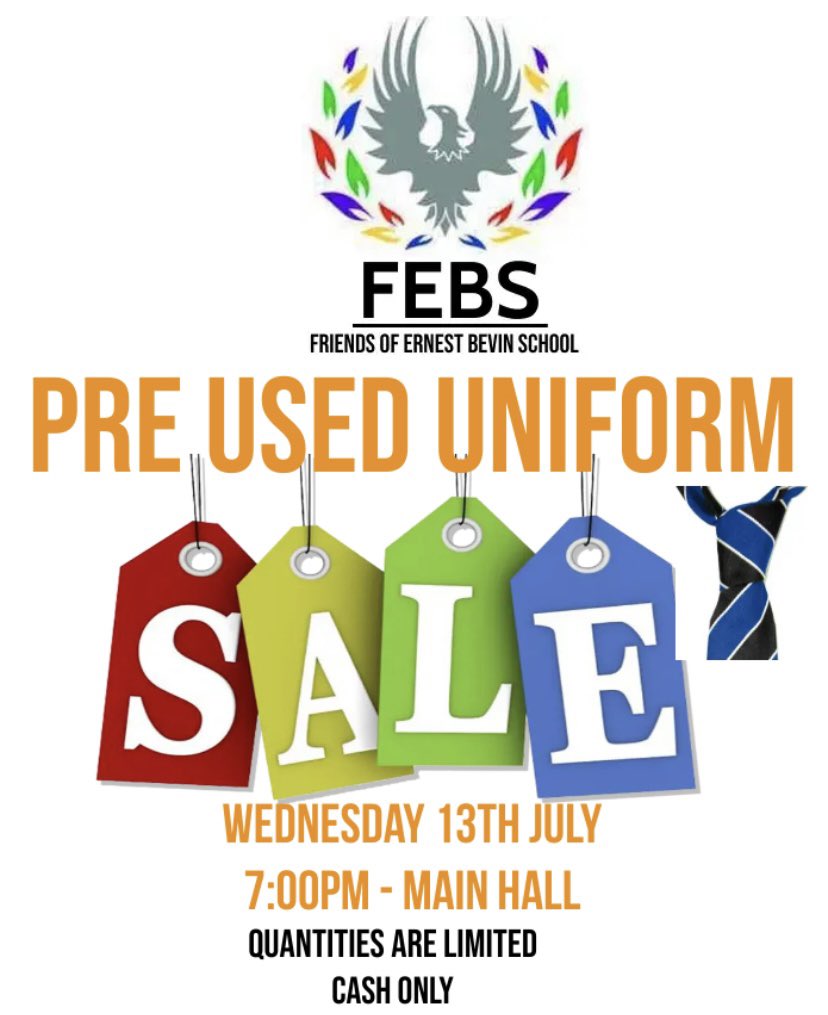 FEBSSW17's tweet photo. 📢 PRE-LOVED @ErnestBevinColl UNIFORM 👔
Grab yourselves a bargain & support @FEBSW17👔👕
🏷Next Uniform Sale:
🗓Wed 13th July 2022
🕖 7:00pm
📍Main hall
.
#ReUse ♻️ | #Recycle ♻️ | #ReSell♻️ | #Reduce ♻️ | #Charity | #SupportYourSchool | #PTASchool | #PTA4Kids | #PTAPower https://t.co/GEqdywkAWo