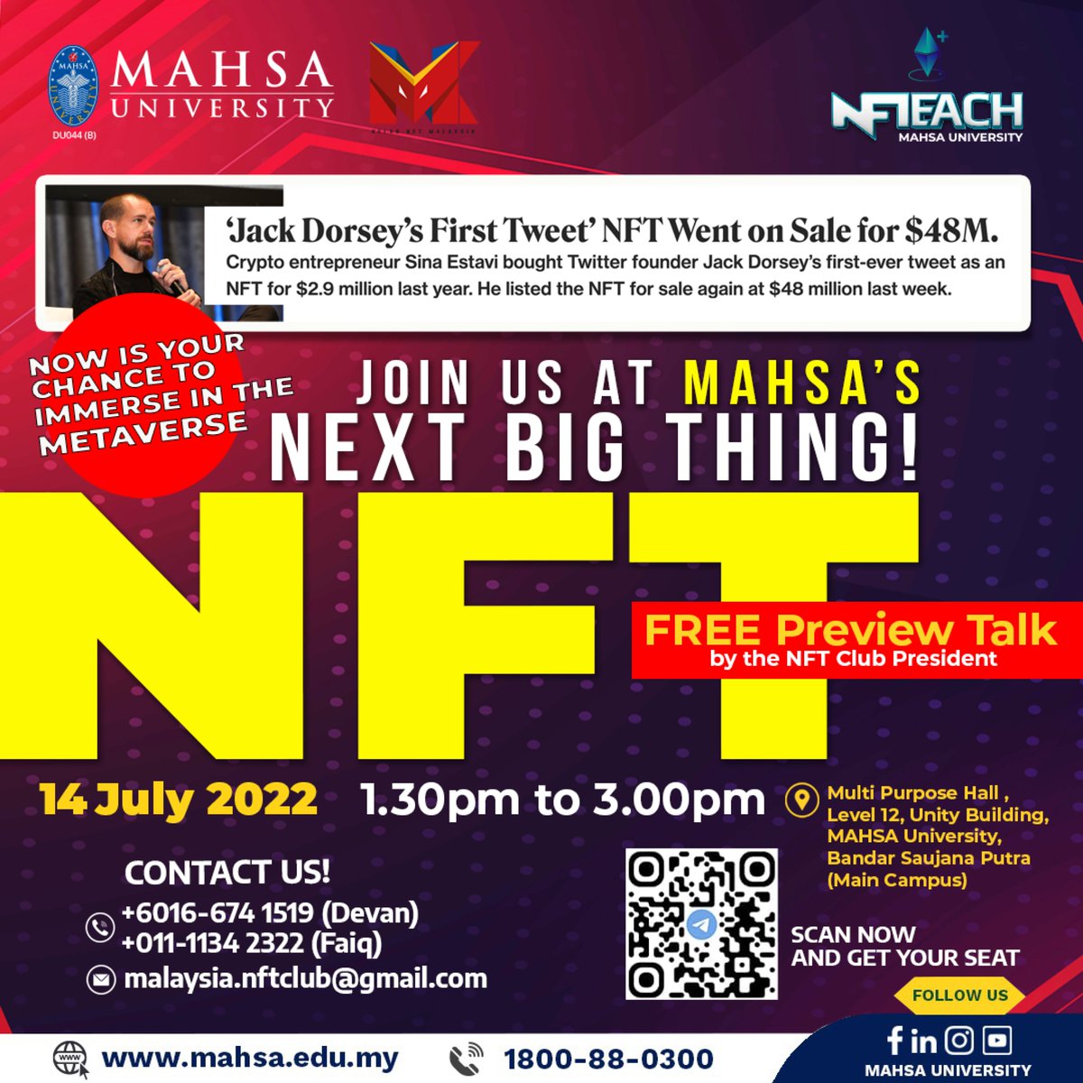 What are NFTs and what do they have in store for you? Find out all you need to know about this next big thing only at MAHSA University! The first University to embark on a journey into the Metaverse with NFT Club Malaysia. #MAHSA #BeMORE #NFT #Metaverse #nftclub