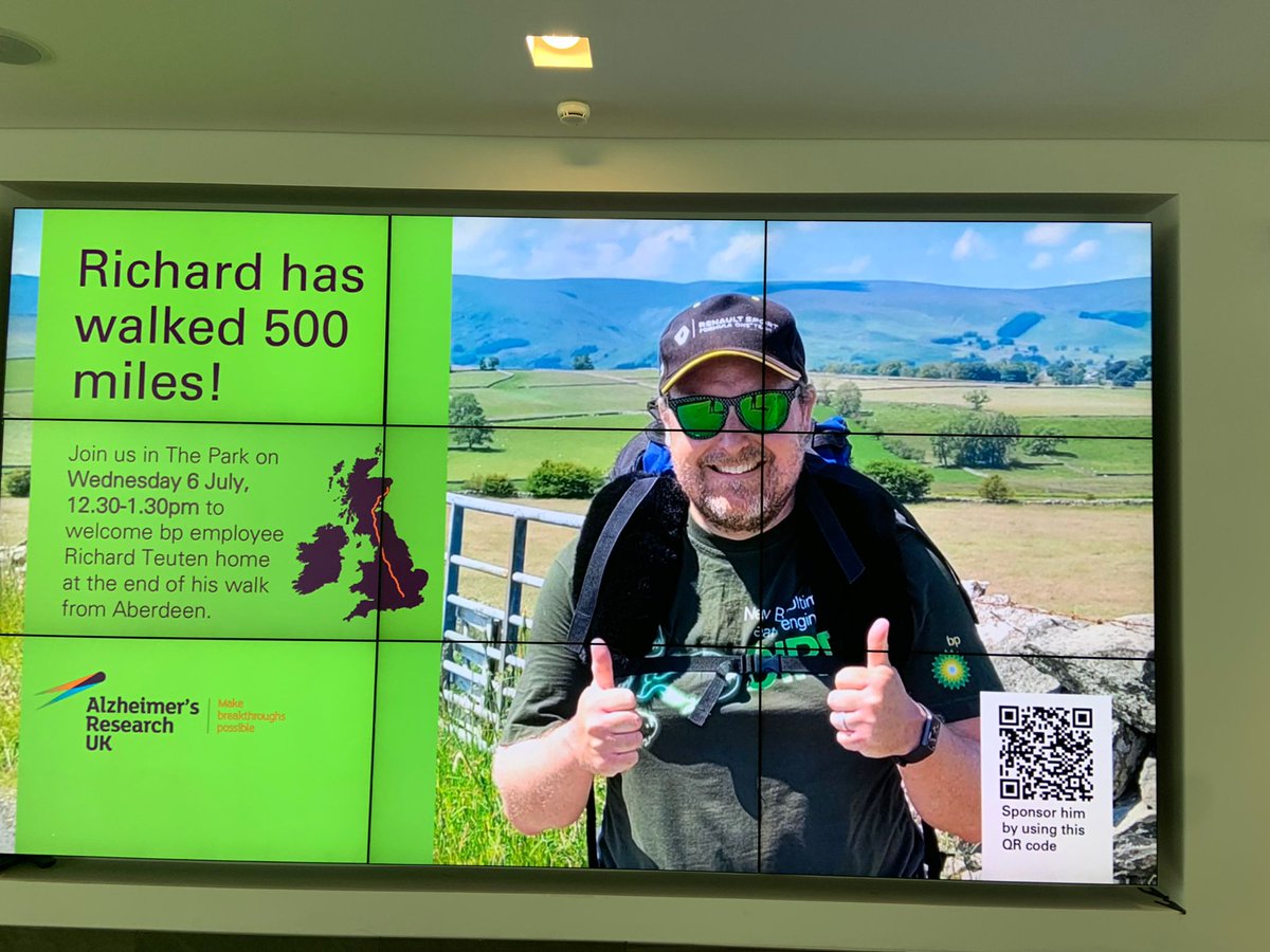 MattAlzUK's tweet photo. Congratulations to Richard Teuten from Ashford who recently completed a 500-mile walk between BP's offices in Aberdeen &amp; Sunbury-on-Thames in support of @AlzResearchUK. Richard completed the walk in less than 4 weeks averaging between 20-25 miles per day! 
https://t.co/v3BKTc20Vr https://t.co/ledXO7Hp7O