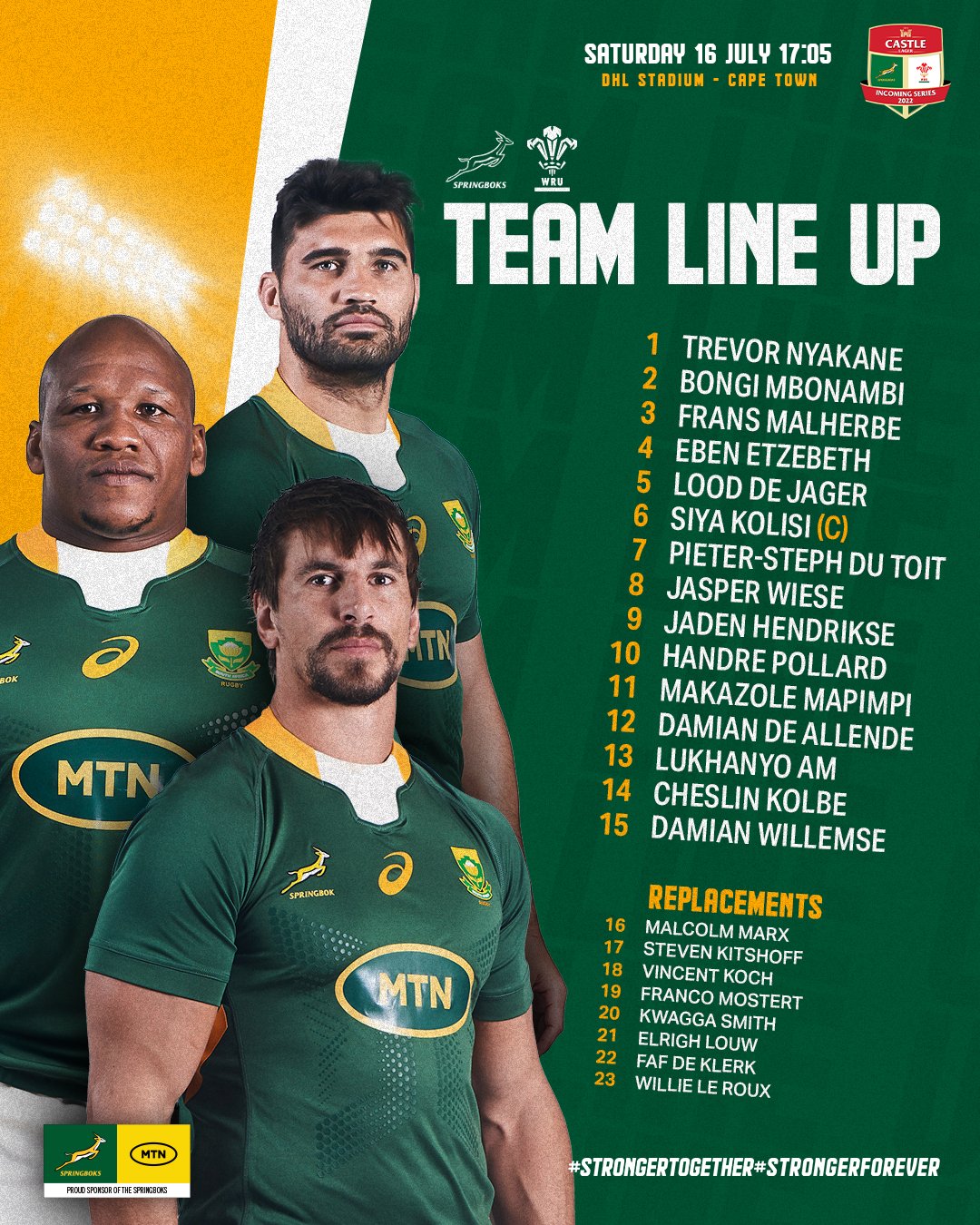 Springboks on X: "🏉 Boks make 11 changes for #CastleIncomingSeries decider  against Wales as @EbenEtzebeth and @BongiMbonambi reach special milestones  in Cape Town - team announcement: https://t.co/Taxb7WEVH4 #StrongerTogether  #StrongerForever https ...