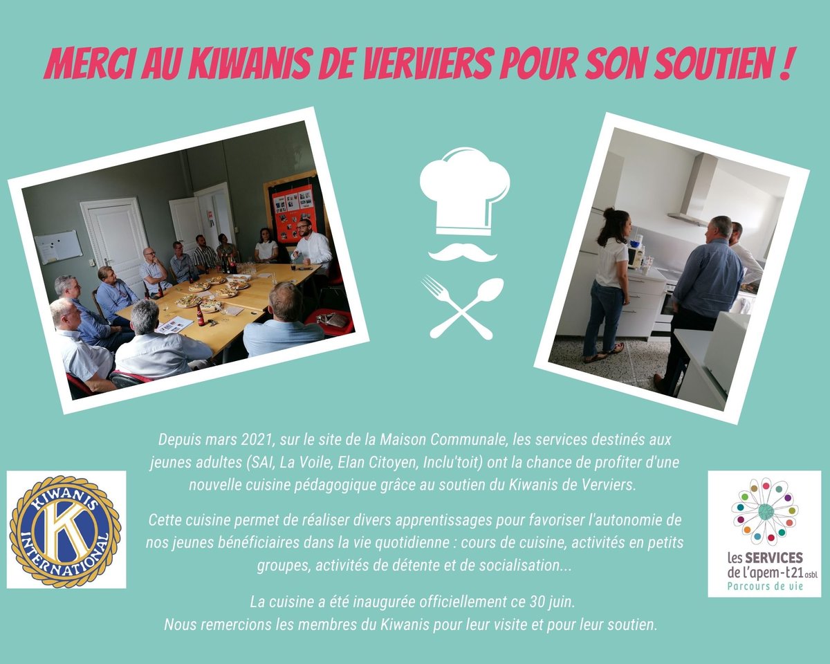 Grâce au Kiwanis de Verviers, une cuisine pédagogique a été installée sur notre site de la Maison Communale et est utilisée lors de diverses activités de nos services pour jeunes adultes. Elle permet divers apprentissages afin de maximiser l'autonomie dans la vie quotidienne. 😊