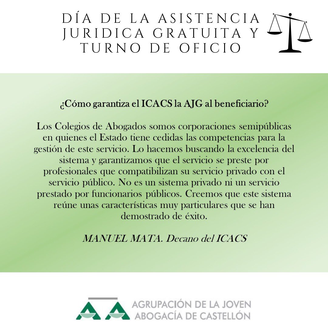 AJA_Castellon's tweet photo. En el #DiaJusticiaGratuita y #TurnodeOficio, queremos compartir con vosotros las valoraciones de nuestro Decano D. @manuelmata2018. https://t.co/Cx4eMjA7Xp