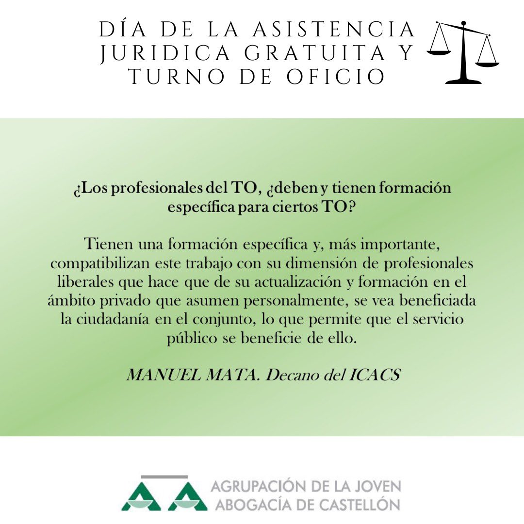 AJA_Castellon's tweet photo. En el #DiaJusticiaGratuita y #TurnodeOficio, queremos compartir con vosotros las valoraciones de nuestro Decano D. @manuelmata2018. https://t.co/Cx4eMjA7Xp