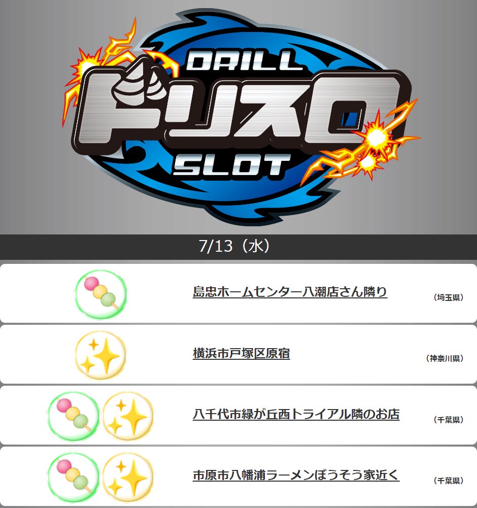 تويتر ドリスロ 関東 على تويتر 7 13 明日の掘れるホール予想 埼玉 島忠ホームセンター八潮店さん隣り 神奈川 横浜市戸塚区原宿 千葉 八千代市緑が丘西トライアル隣のお店 市原市八幡浦ラーメンぼうそう家近く サイトurlはコチラ