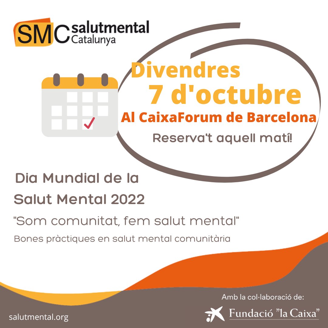 SalutMentalCat's tweet photo. 📢 "Som comunitat, fem salut mental".
El 7 d'octubre celebrarem una jornada que posarà en valor la tasca del moviment associatiu de Catalunya en pro de la salut mental i el model de salut mental comunitària que defensem.
 📍 CaixaForum de #Barcelona.
👉 https://t.co/J3RH3izvjp https://t.co/m9c5tT0Na7