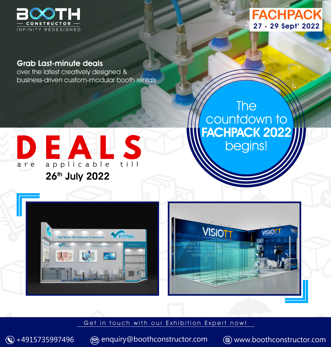 BoothConstruct1's tweet photo. Grab Last-minute deals over the latest creatively designed & business-driven custom-modular booth rentals
Connect with our exhibition expert at https://t.co/b8QbxCQoLC #eventprofs #boothconstructor #modularboothrental #FACHPACK #dusseldorf #nuremberg #FACHPACK2022 https://t.co/O4RPYjUxG6