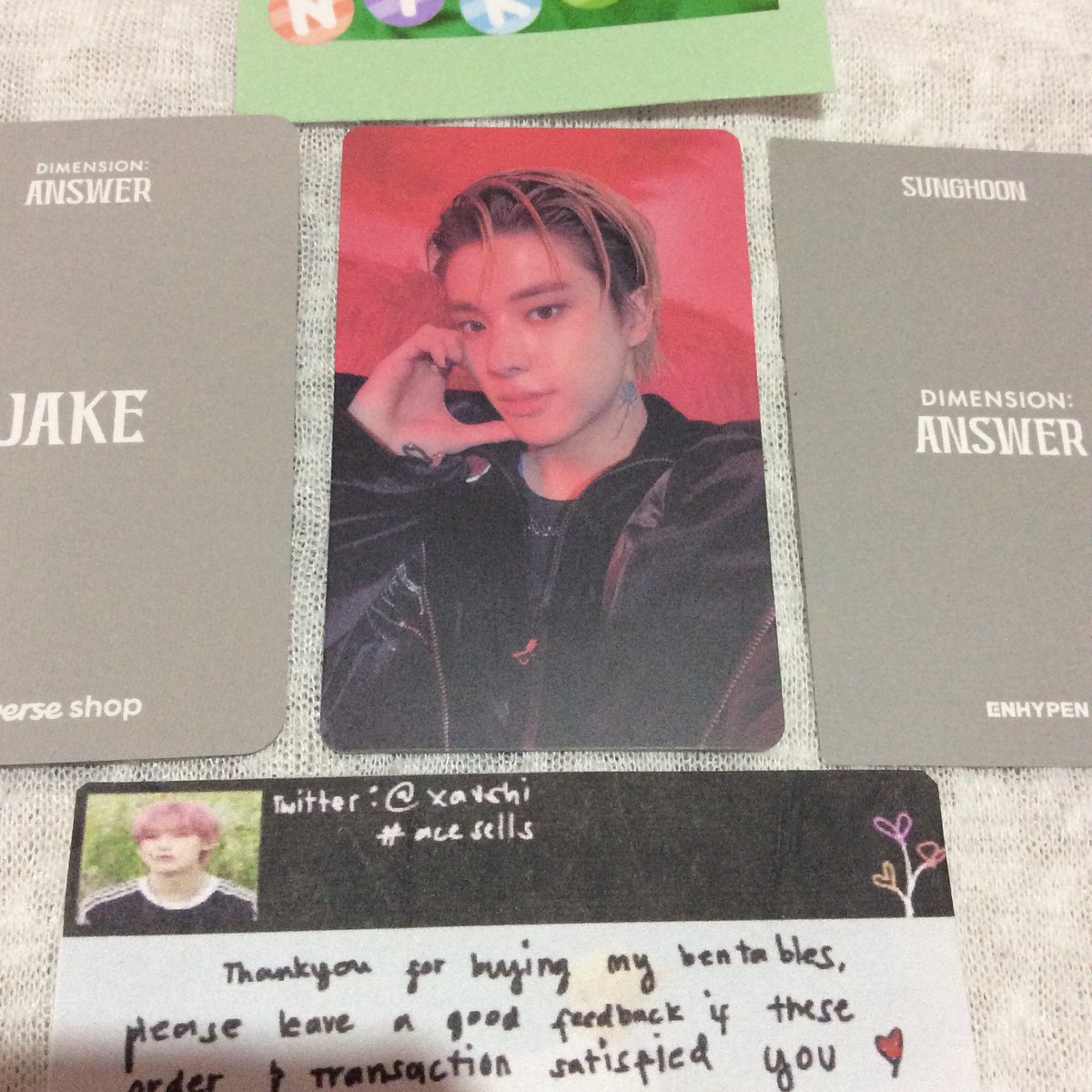 suncartutak's tweet photo. ꒰ #sunbinudol ꒱ 

— [☁️] ; happy mail from @xavshi ⊹

𓏔 my 1st budol after a month of no choice collbreak dahil walang pera. jake came home safely, he is my first luckydraw pc ! ty for packing it safely and for the ni-ki freebie. 🥹 https://t.co/7FnOScGy2z