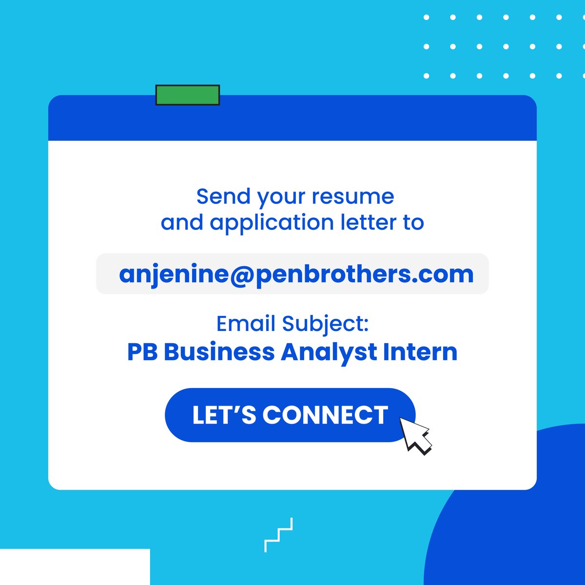 WE ARE LOOKING FOR INTERNS! 🎉 

Email your resume and application letter to [anjenine@penbrothers.com] with email subject [PB Business Analyst Intern]

#PB #Penbrothers #Internship #OJT