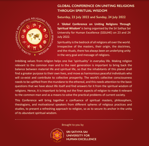 SSSUHE_KLBG's tweet photo. A ‘Global Conference on Uniting Religions Through
Spiritual Wisdom’ is being organised by the Sri Sathya Sai University for Human Excellence (SSSUHE) on 23 and 24 July 2022. #conference #SSSUHE #Unityofreligions #Sanathanadharma https://t.co/TAaYZ1TImT
