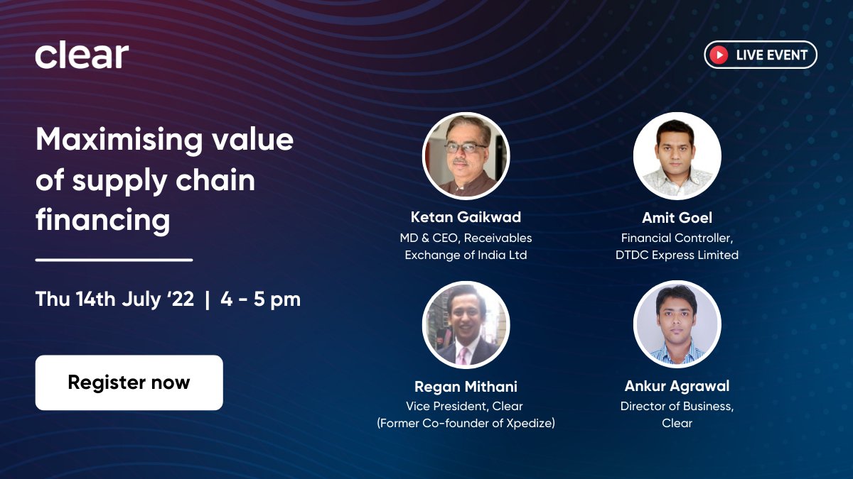 _cleartax's tweet image. Register now for our LIVE event:
hubs.li/Q01gw--C0 
Join us on the 14th of July at 4 pm to learn how to maximize the value of supply chain financing.
Block your calendar now!

#SupplyChainFinancing #Automation #BuildingClear