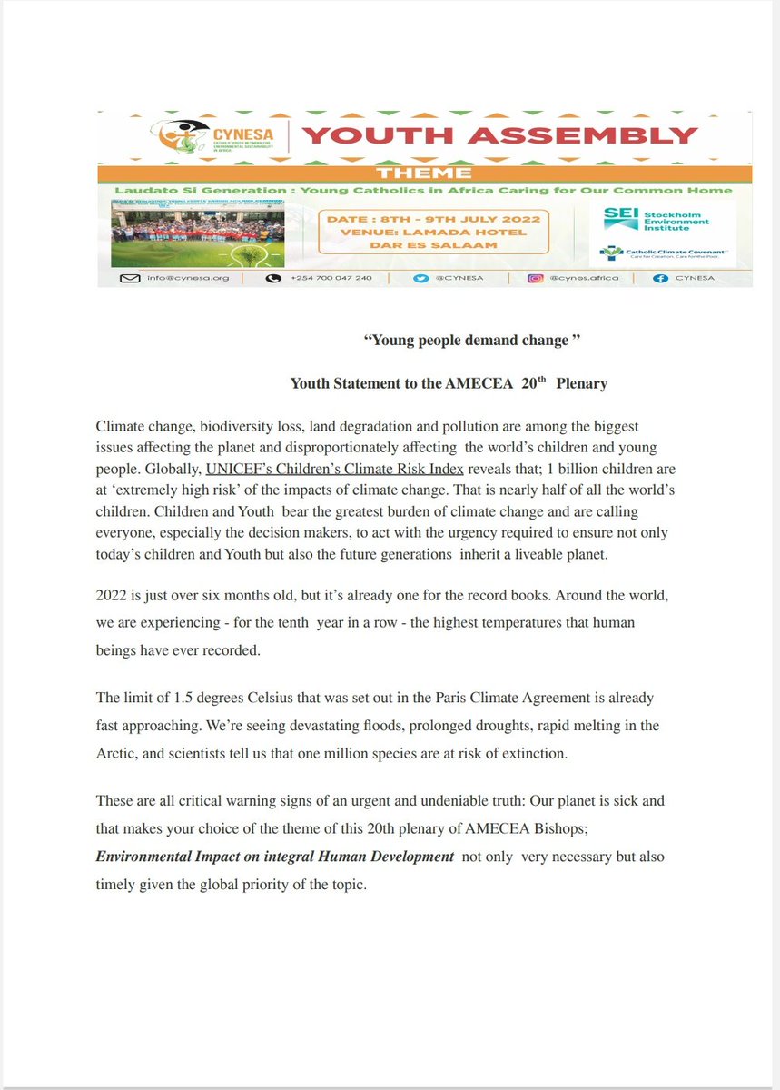 tessmgitau's tweet photo. During @CYNESA Youth Assembly in Dar es Salaam, youths from @AMECEA countries came up with a Youth Statement to be presented at @AMECEAORG Plenary organized by @Amecea_Sec. Below is the link to the Statement: 
https://t.co/iBtS2NKoOo 
@LaudatoSiMvmt @LSM_Africa @lsap_eng https://t.co/aBRj1co96A
