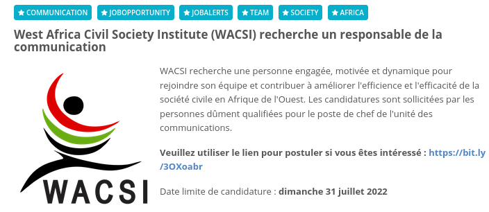 #Opportunites West Africa Civil Society Institute (WACSI) recherche un responsable de la communication.
afriworkers.net/content/perma?…

#Afriworkers #Communication #JobAlerts #JobOpportunity #Africa