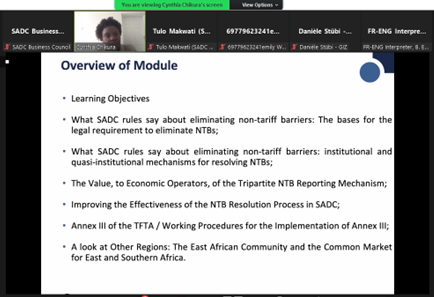 CouncilSadc's tweet photo. #HappeningNow | Cynthia Chikura, our #NTB Expert shares the various avenues available to the #SADC private sector in resolving NTBs, and developments in improving the #NTB resolution process through #TFTA, #AfCFTA, #EAC, #COMESA, #SADCBC, regional forums and information portals. https://t.co/CQ0PNlEbZg