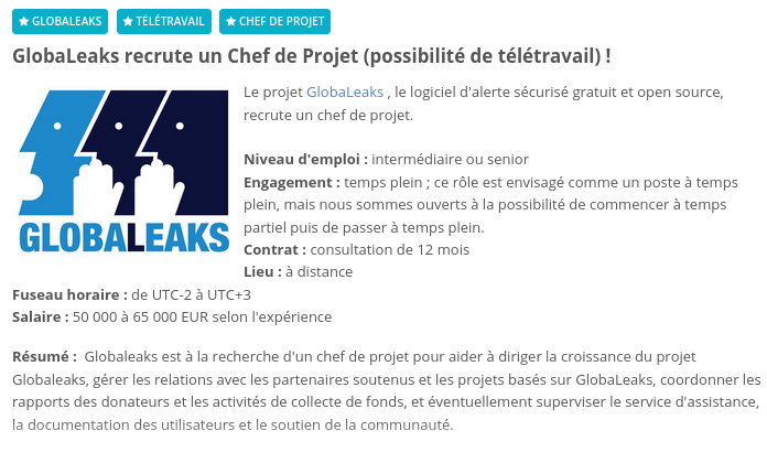 #Project #Manager #Job <a href="/GlobaLeaks/">GLOBALEAKS</a> recrute un Chef de Projet (possibilité de télétravail) !
Le projet GlobaLeaks , le logiciel d'alerte sécurisé gratuit et open source, recrute un chef de projet.
afriworkers.net/content/perma?…
#Afriworkers #Globaleaks #ChefDeProjet #Project #Manager